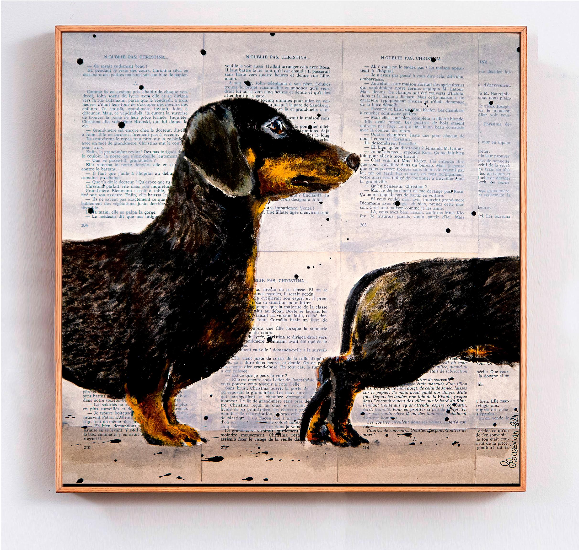 Portrait Dachshund - FRENCH SCHOOL - Where is my body? Chut les Barbizons! DOG - Painting by bazevian animal