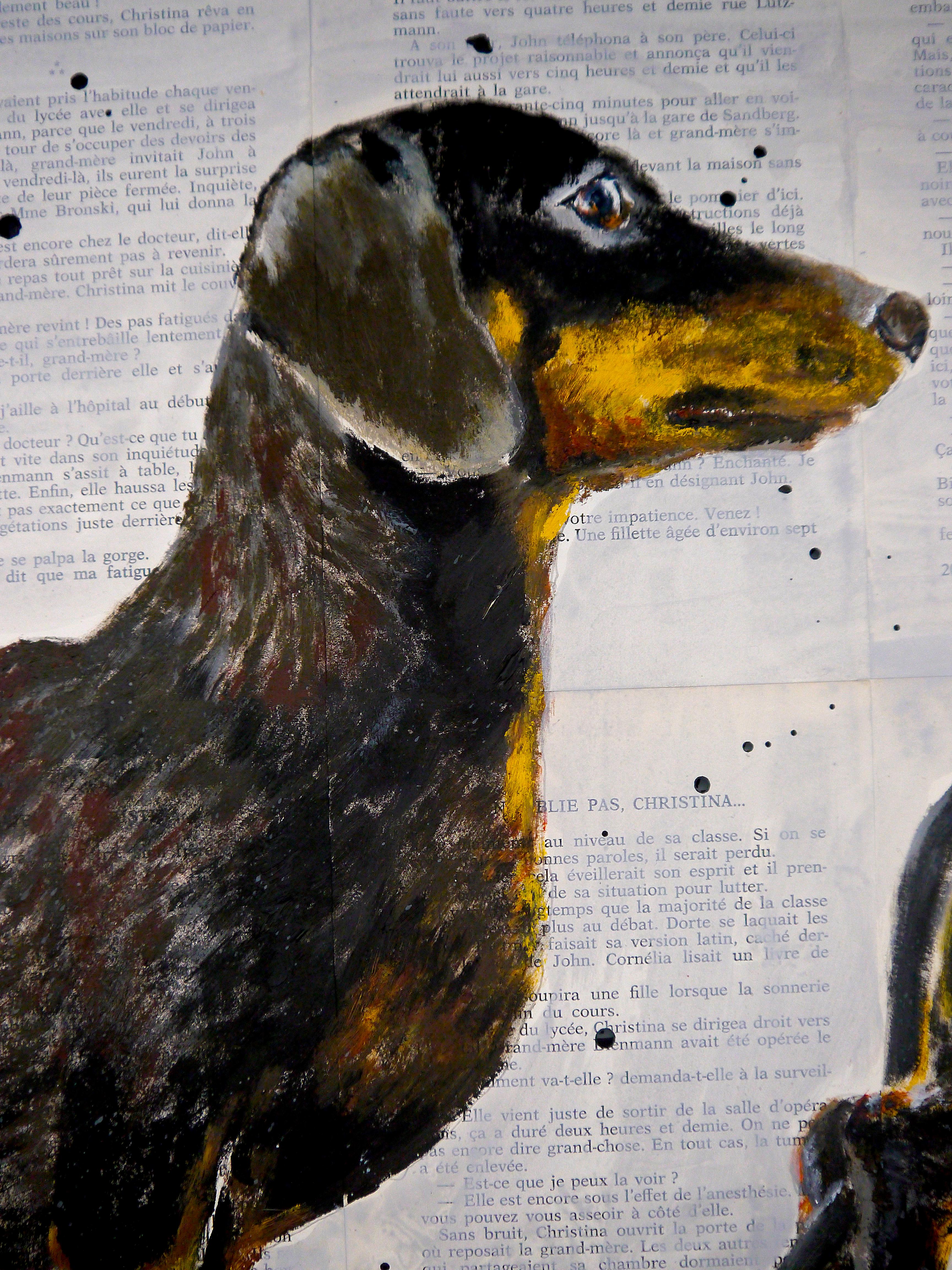 Portrait Dachshund - FRENCH SCHOOL - Where is my body? Chut les Barbizons! DOG - Gray Animal Painting by bazevian animal