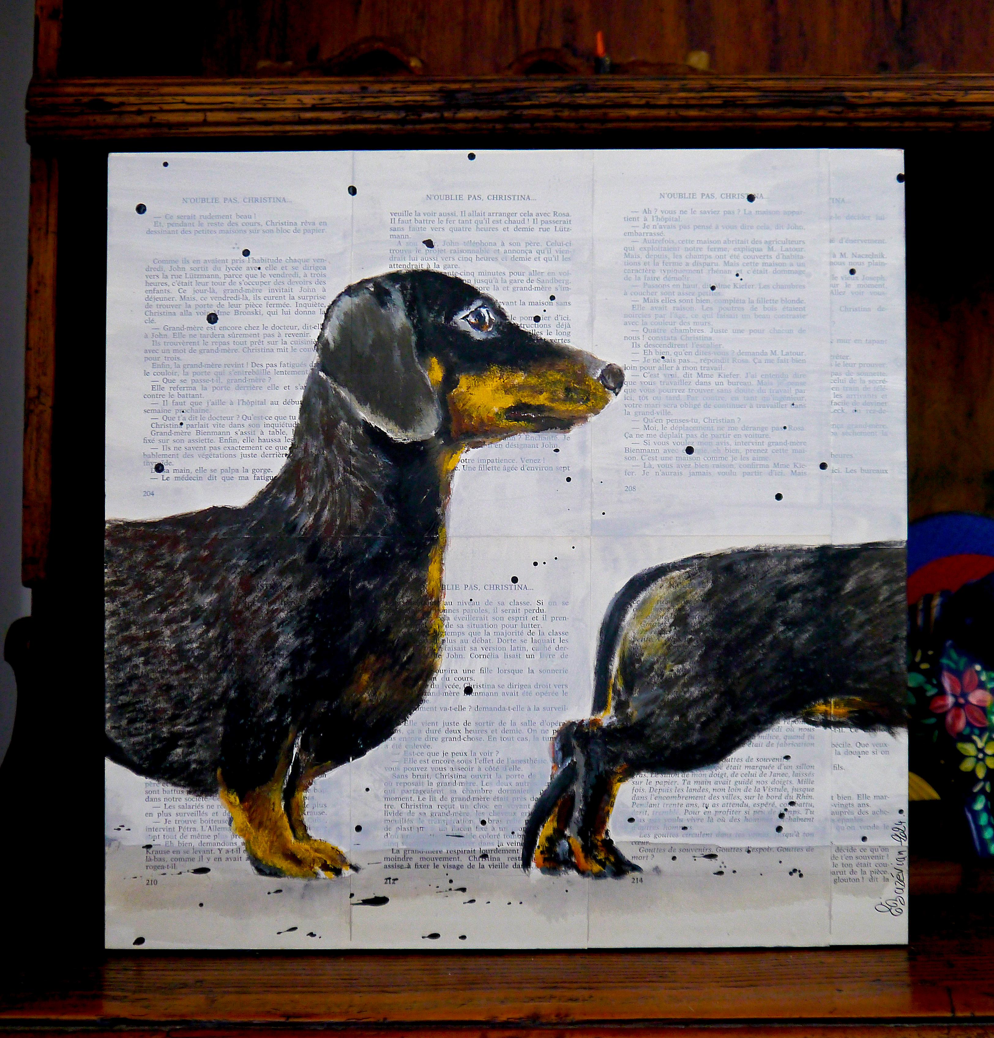 

Portrait of a Dachshund dog. 


Technique: oil, acrylic, glue, ink on old book pages on wooden frame 40x40cm ■■ 15,7 x15,7inch

⭐Sustainability⭐: Wooden frame is made by the artist by recycling old books. In an ecological approach, each packaging