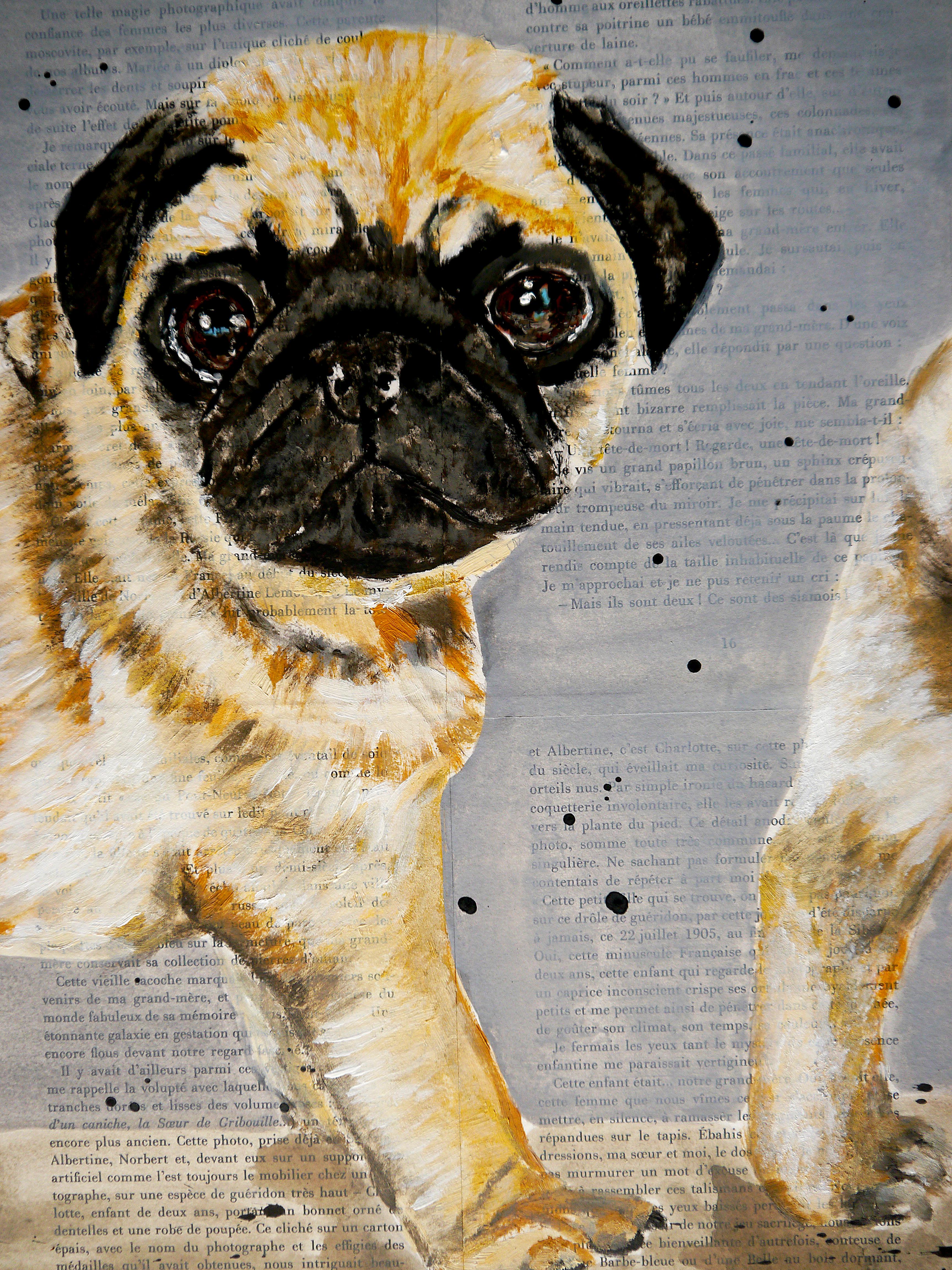 ¡Retrato Perro PUG - ESCUELA FRANCESA - ¿Dónde está mi cuerpo?03 Chut les Barbizons! PERRO - Painting de bazevian animal