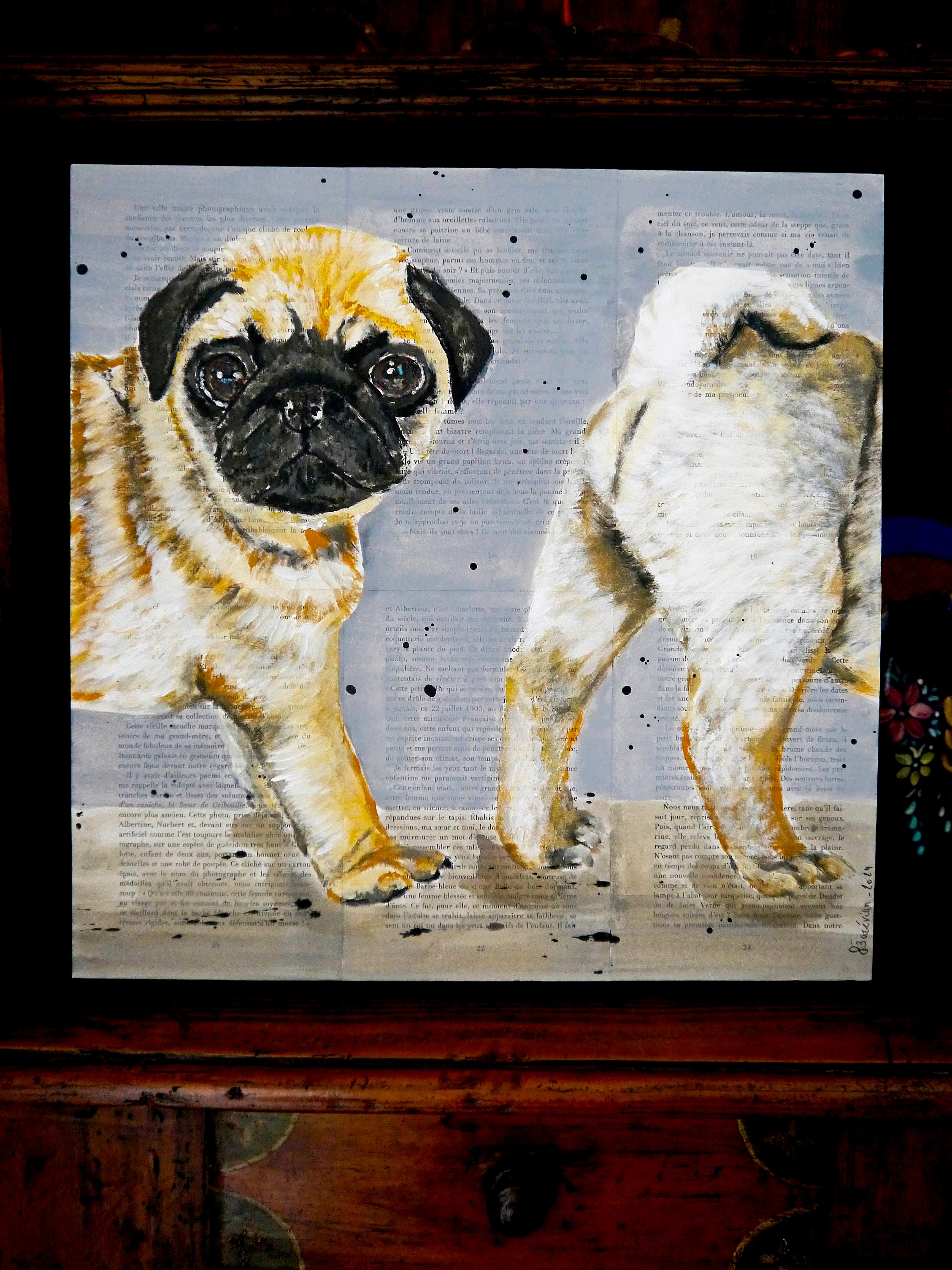 ¡Retrato Perro PUG - ESCUELA FRANCESA - ¿Dónde está mi cuerpo?03 Chut les Barbizons! PERRO en venta 1