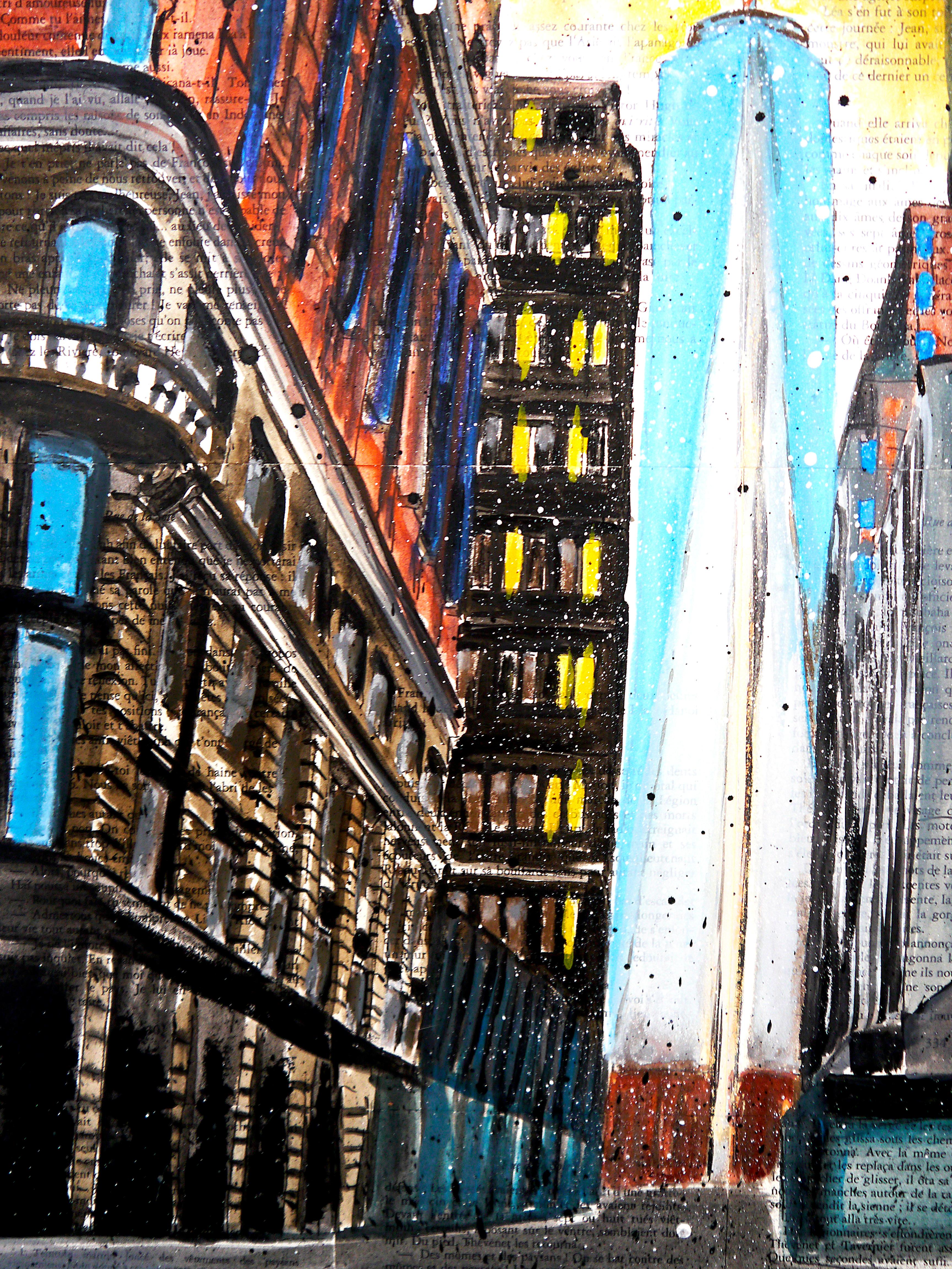 Escuela Francesa - Paisaje Nueva York WTC Puesta de sol - Edificio NYC DLC (Grande) - Painting de Bazevian De La Capuciniere
