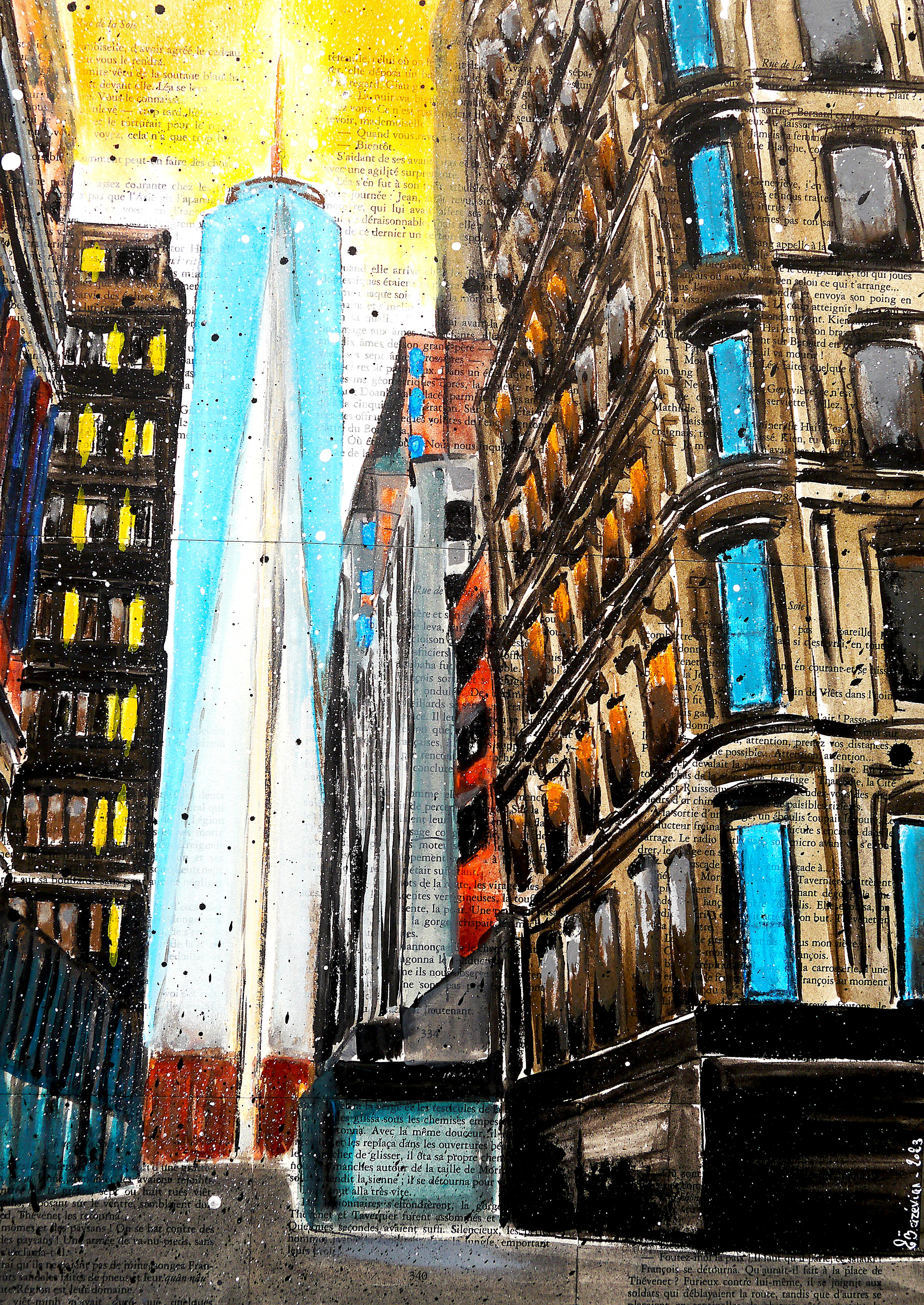 Escuela Francesa - Paisaje Nueva York WTC Puesta de sol - Edificio NYC DLC (Grande) - Painting Tonalista de Bazevian De La Capuciniere