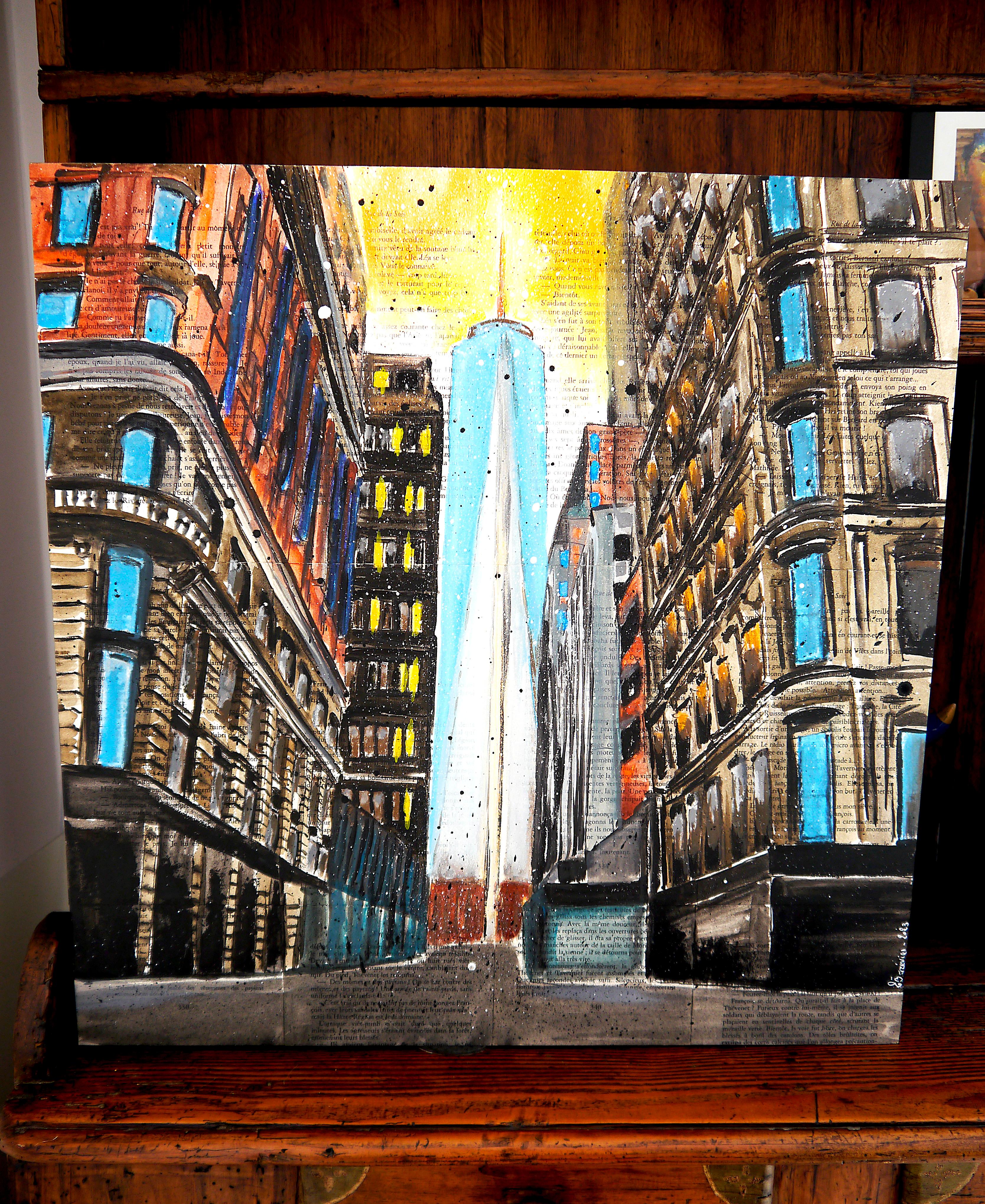 Escuela Francesa - Paisaje Nueva York WTC Puesta de sol - Edificio NYC DLC (Grande) - Landscape Painting Negro de Bazevian De La Capuciniere