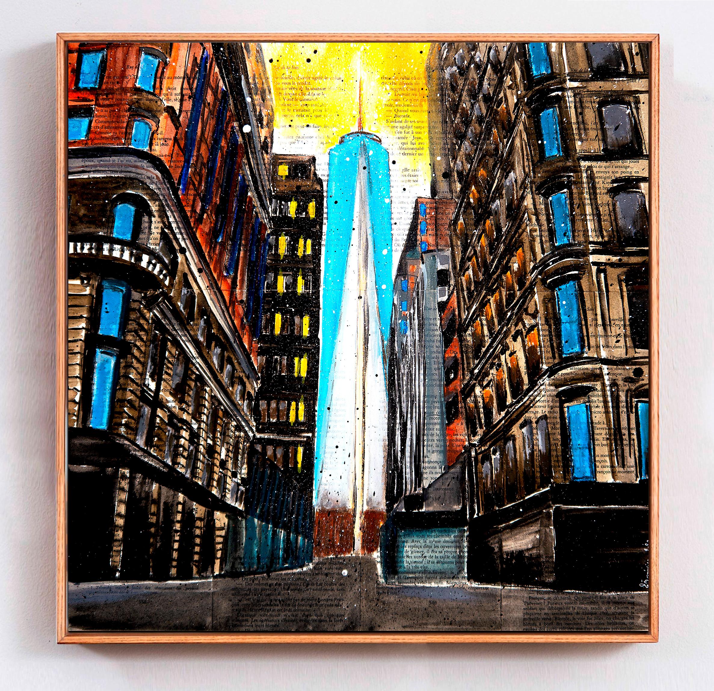 Escuela Francesa - Paisaje Nueva York WTC Puesta de sol - Edificio NYC DLC (Grande) en venta 1