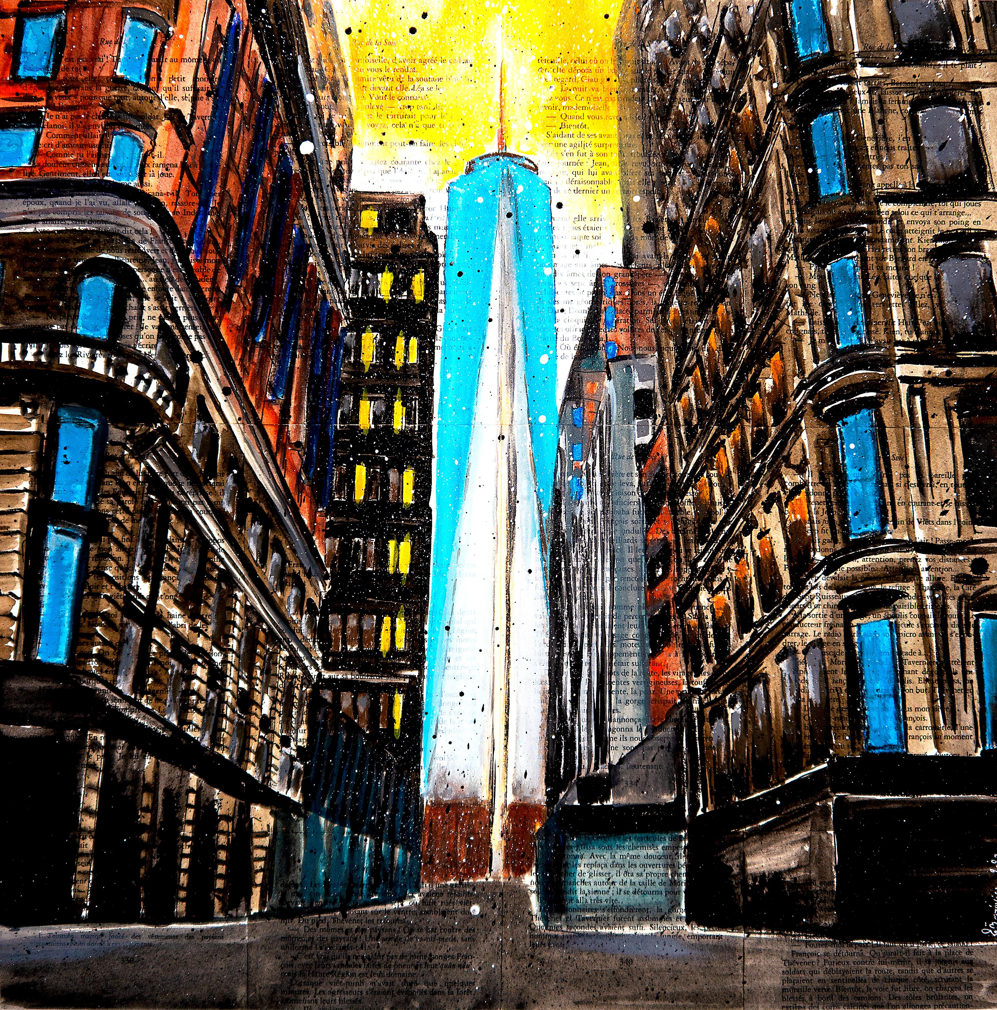 Escuela Francesa - Paisaje Nueva York WTC Puesta de sol - Edificio NYC DLC (Grande)