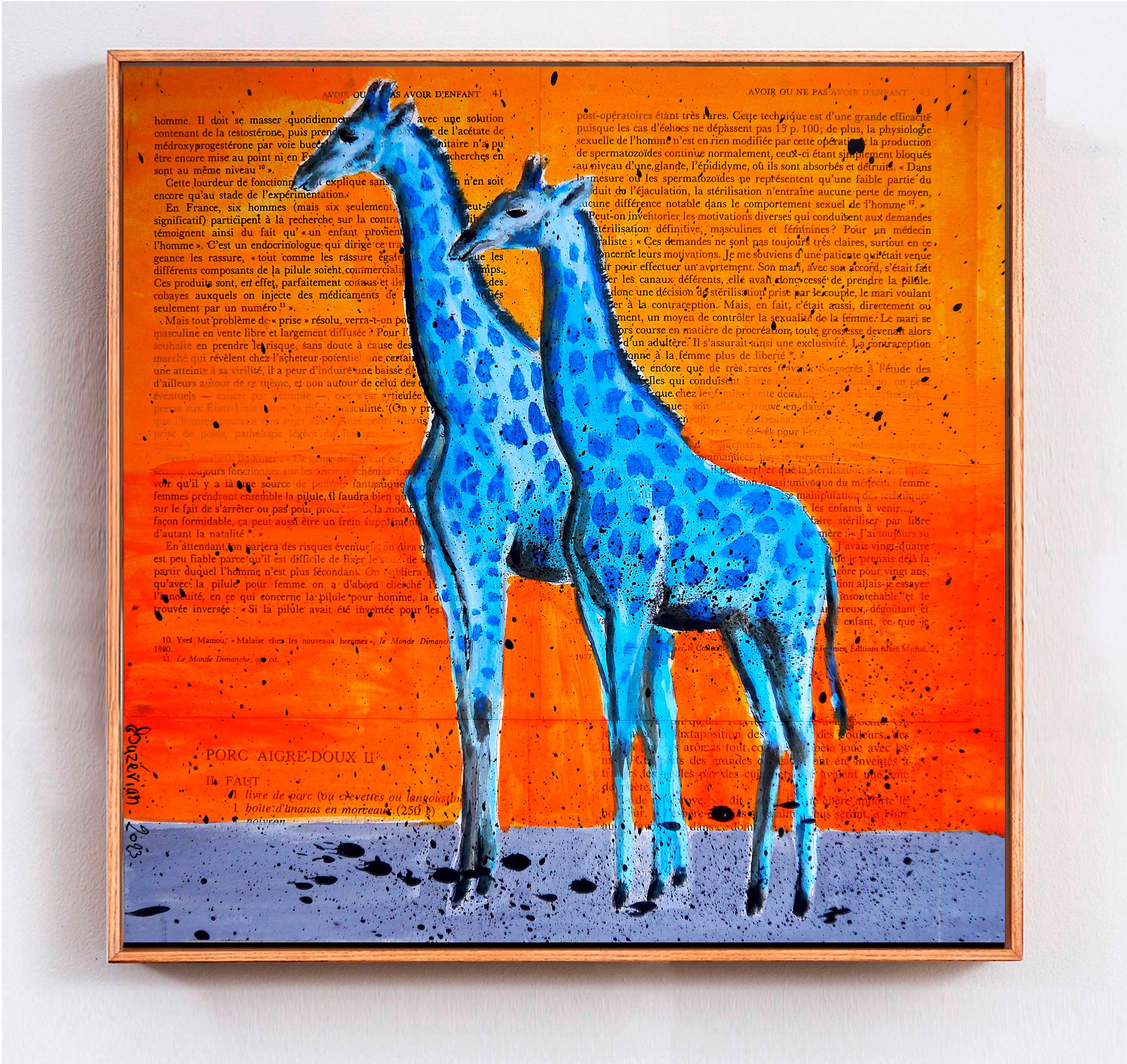 Animal 2 Giraffes NSWE - French School Oil painting 21th Iconic - Painting by Bazevian DelaCapuciniere