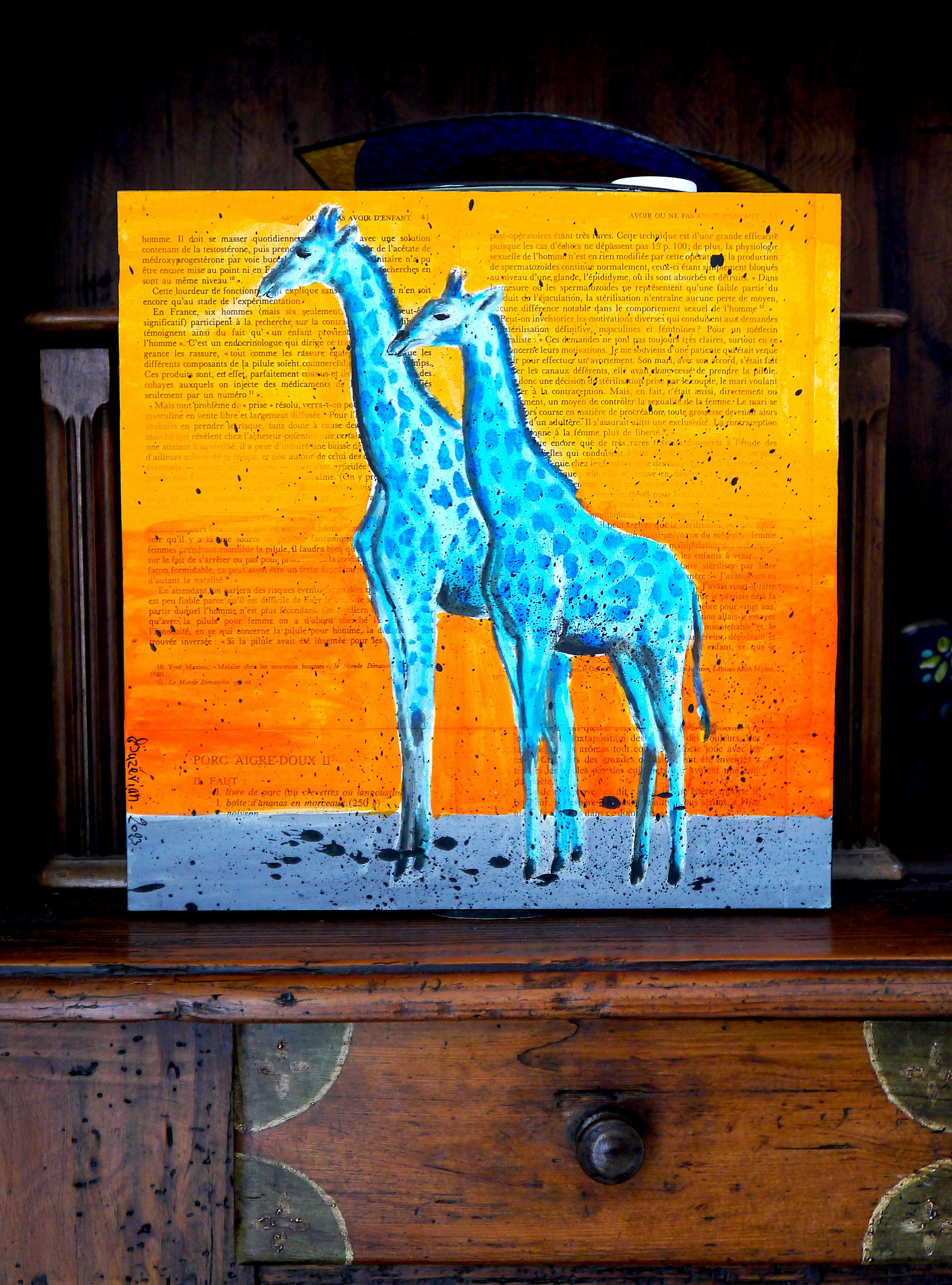 Animal 2 Giraffes NSWE - French School Oil painting 21th Iconic - Pop Art Painting by Bazevian DelaCapuciniere