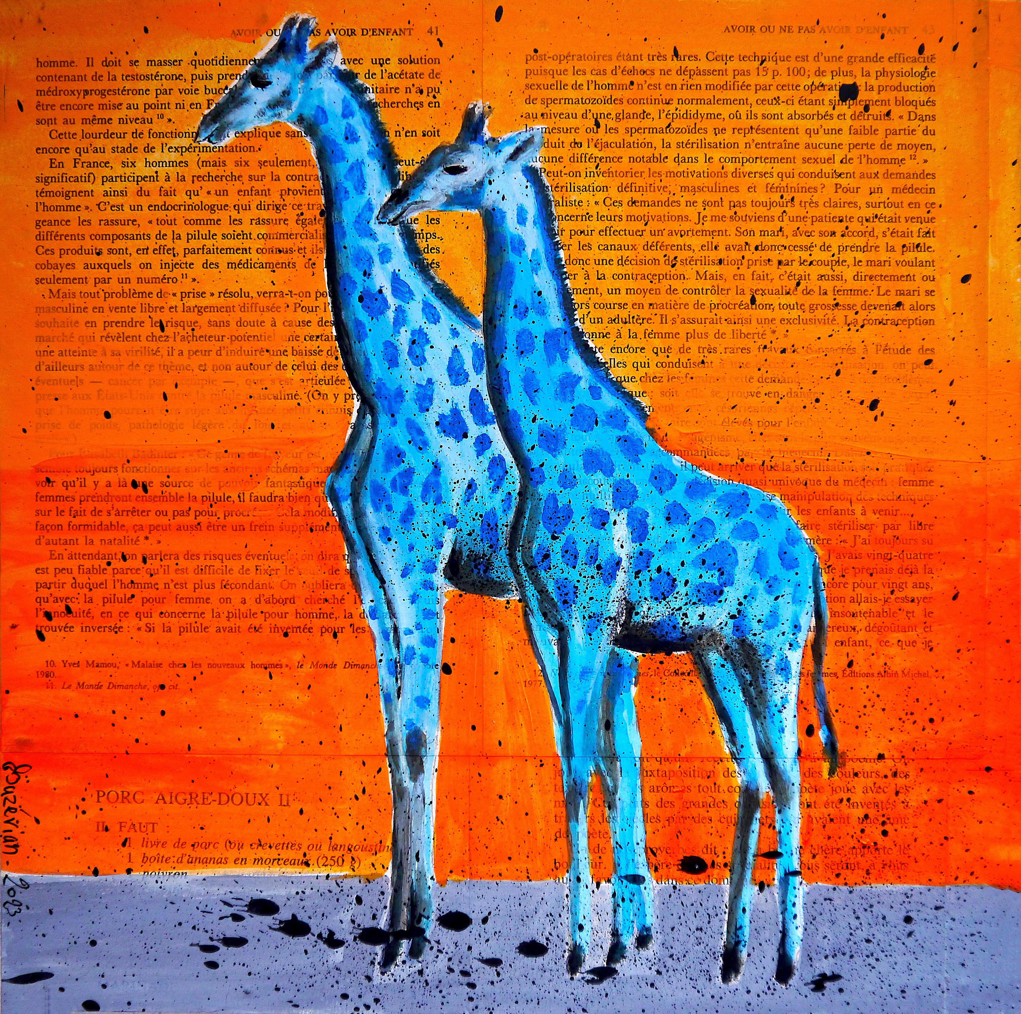 Bazevian DelaCapuciniere Figurative Painting - Animal 2 Giraffes NSWE - French School Oil painting 21th Iconic