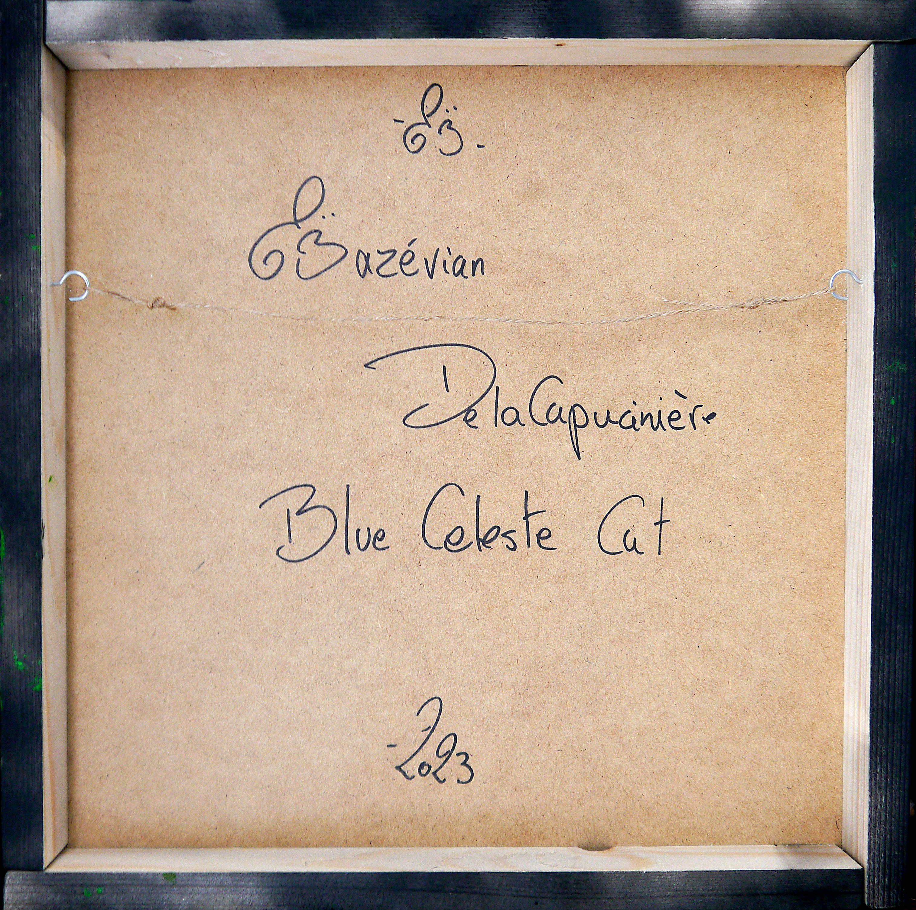Gatto blu Celeste  NSWE

Primo piano di un gatto 
Tecnica: olio, acrilico e inchiostro su pagine di vecchi libri su cornice di legno 40x40cm ■■ 15,7x15,7 pollici

Sostenibilità: La cornice in legno è realizzata dall'artista riciclando  vecchi libri.