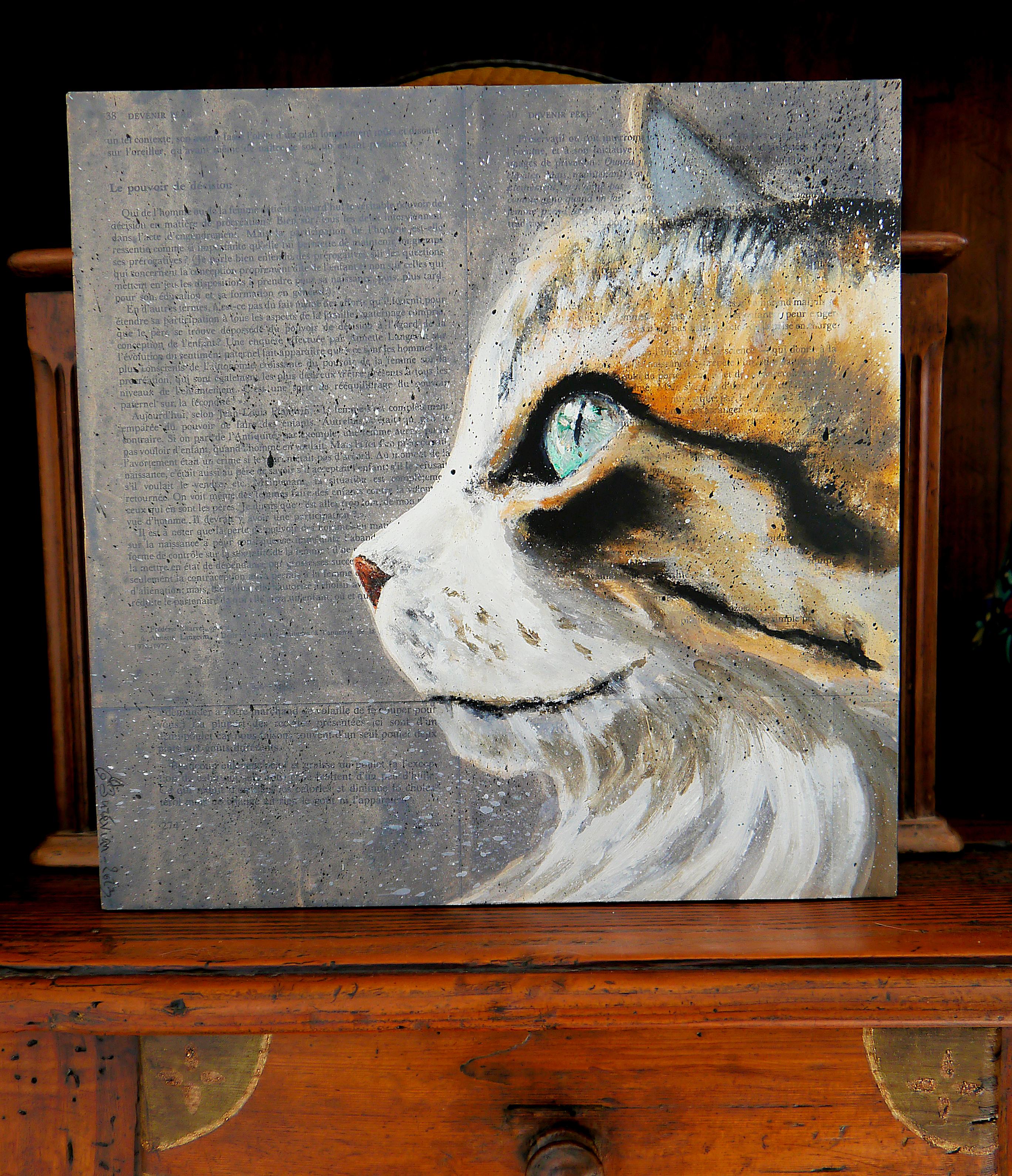 French School - Animal Cat L'oeil qui ne contemple NSWE Oil Post Impressionist - Painting by Bazevian DelaCapuciniere