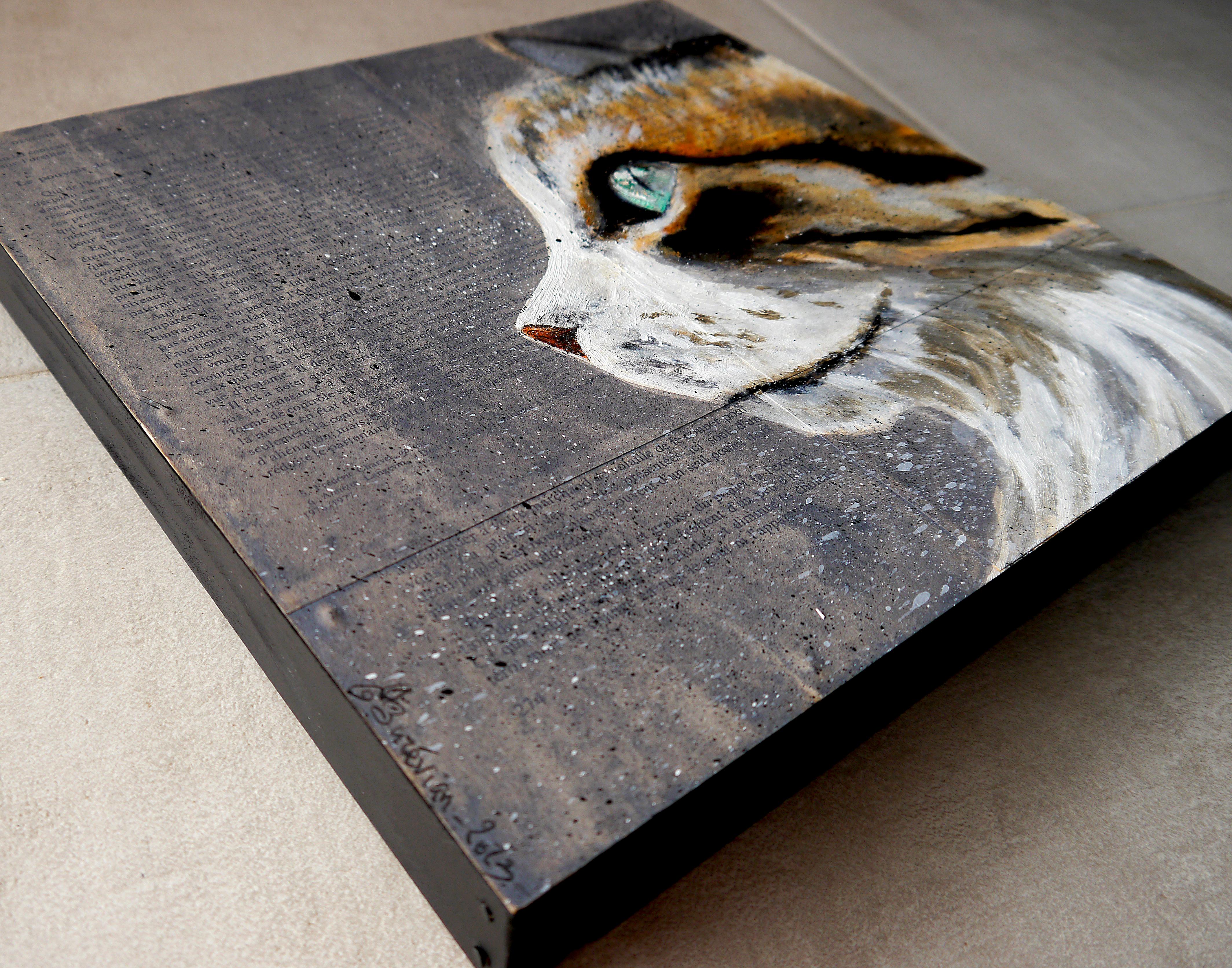 Citation : Si l'oeil ne contemple pas, l'oeil ne verra pas

Animal -  Closeup portrait of a cat

Technique: oil, acrylic, and ink on old book pages on wooden frame 30x30cm ■■ 11,8x11,8 inch

Sustainability: Wooden frame is made by the artist by