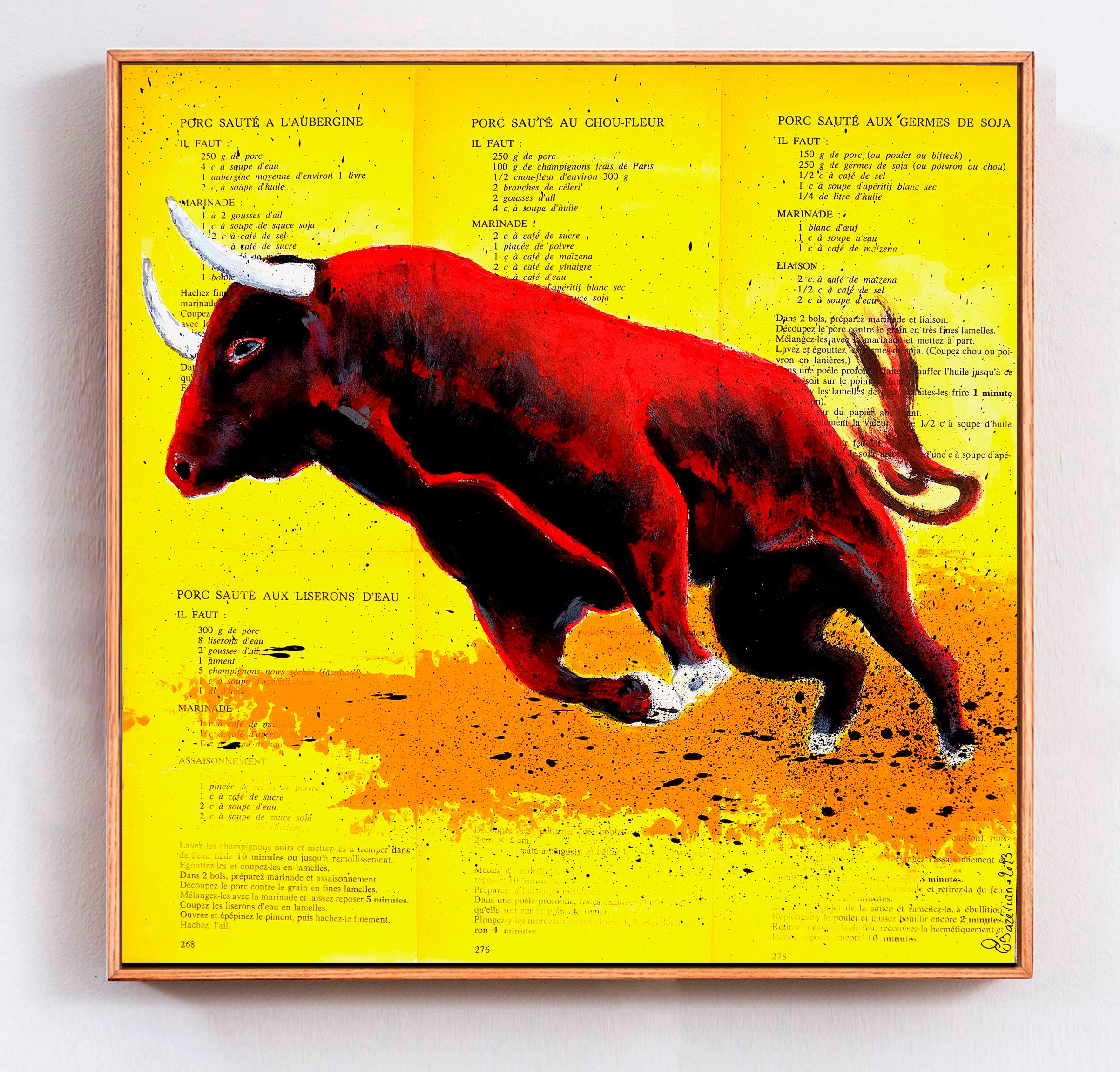 École française - Bulle rouge animal - Peinture à l'huile post-impressionniste du 21e siècle - Painting de Bazevian DelaCapuciniere