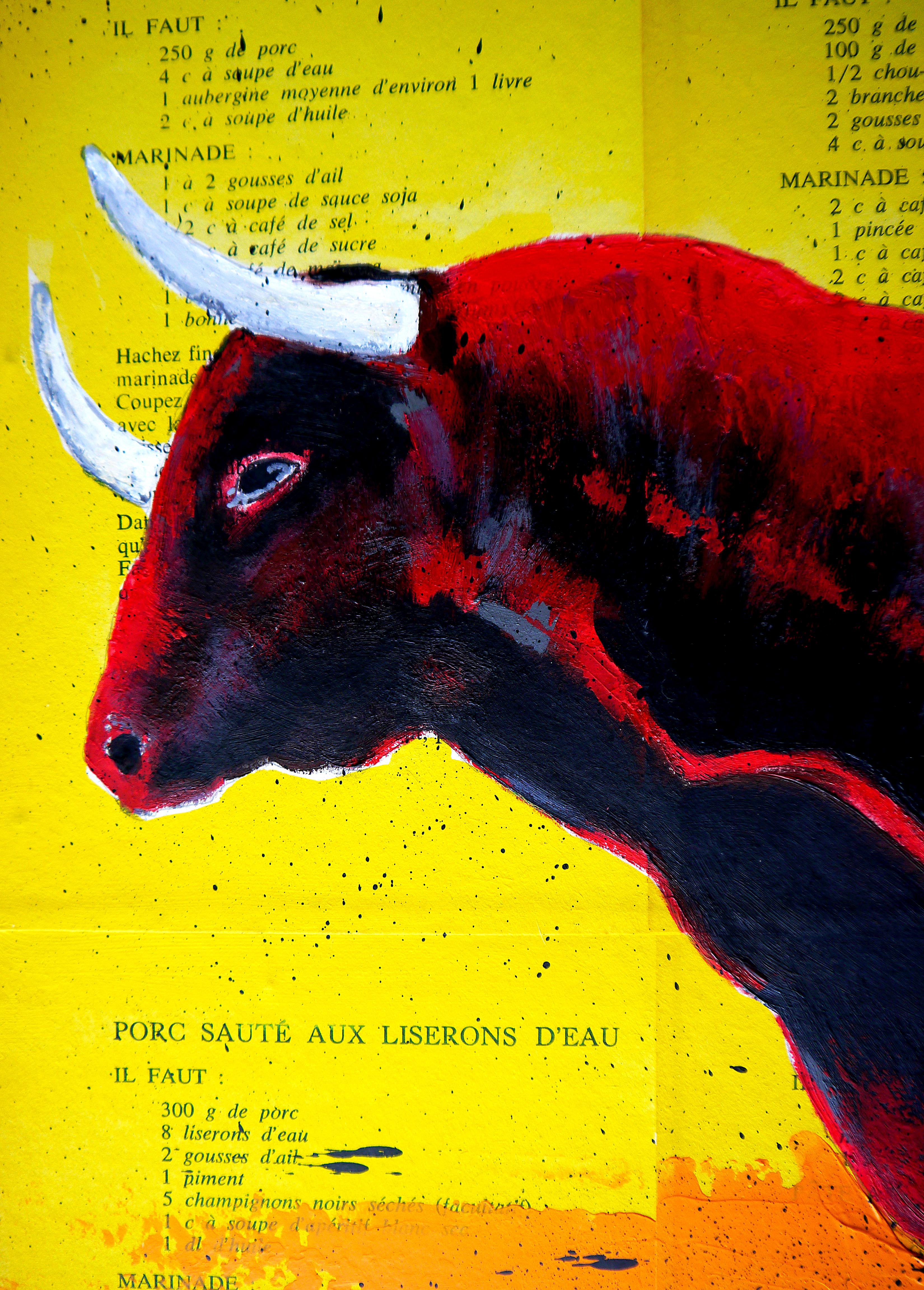 École française - Bulle rouge animal - Peinture à l'huile post-impressionniste du 21e siècle - Impressionnisme Painting par Bazevian DelaCapuciniere