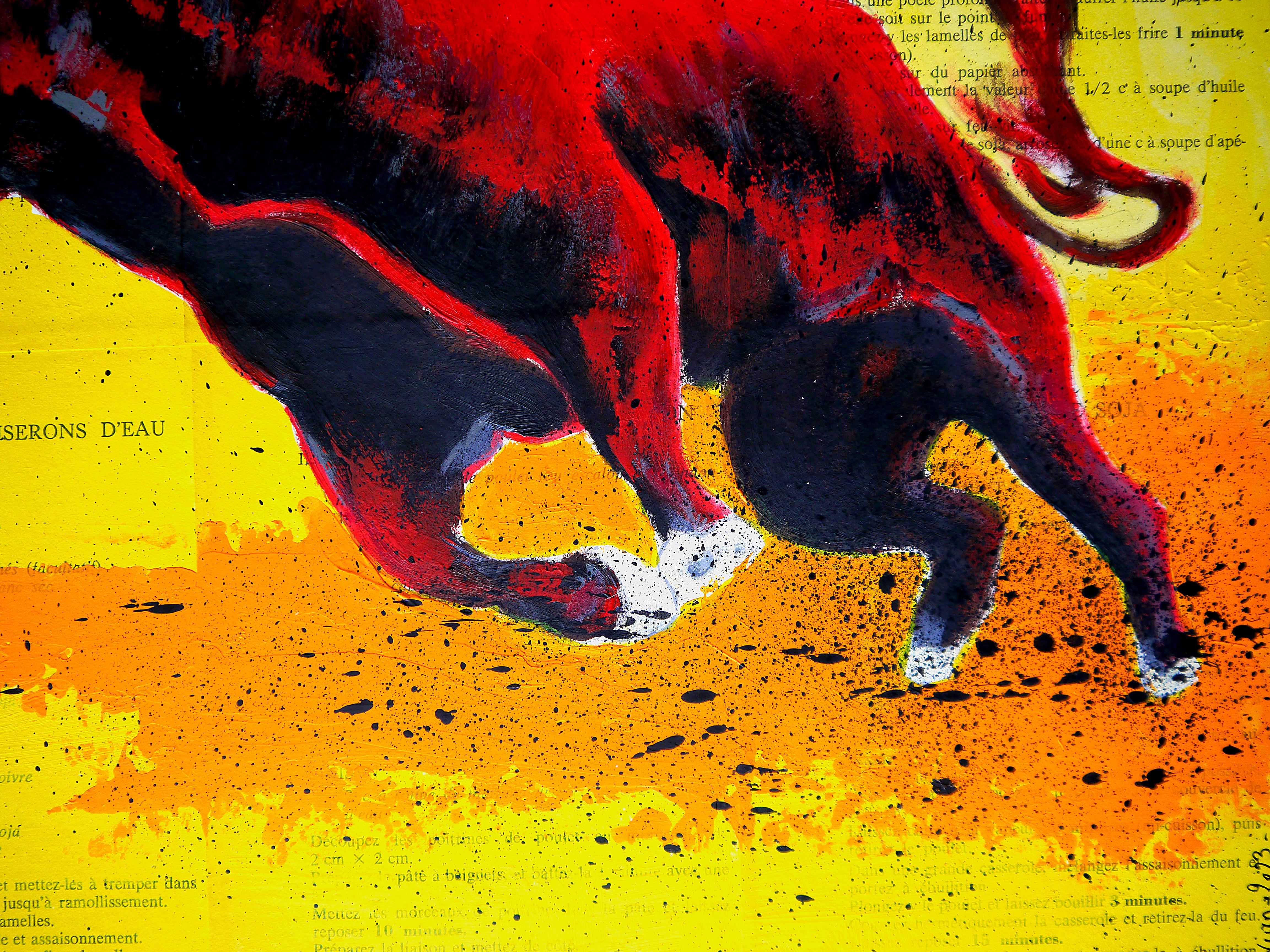 École française - Bulle rouge animal - Peinture à l'huile post-impressionniste du 21e siècle en vente 1