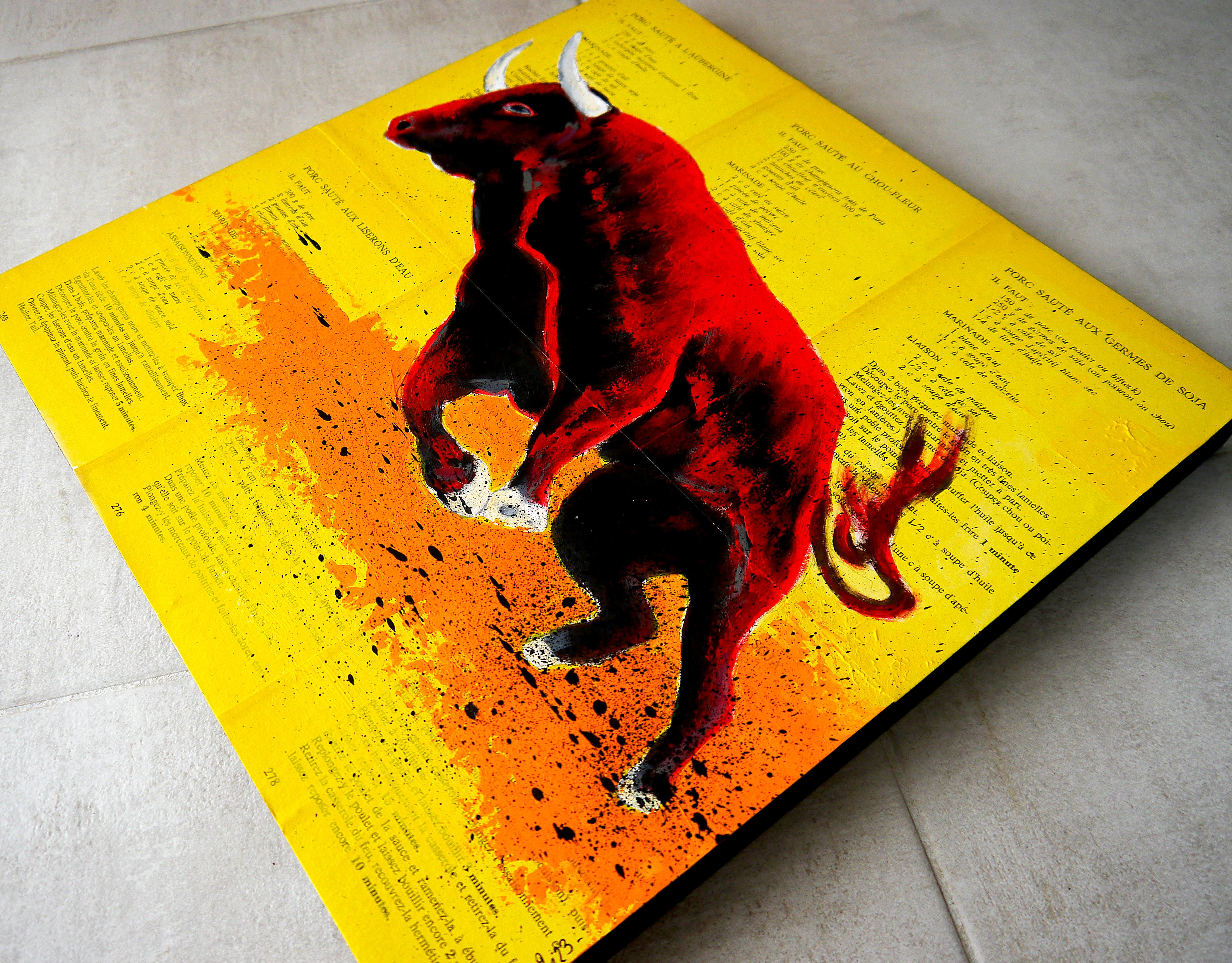 École française - Bulle rouge animal - Peinture à l'huile post-impressionniste du 21e siècle en vente 2