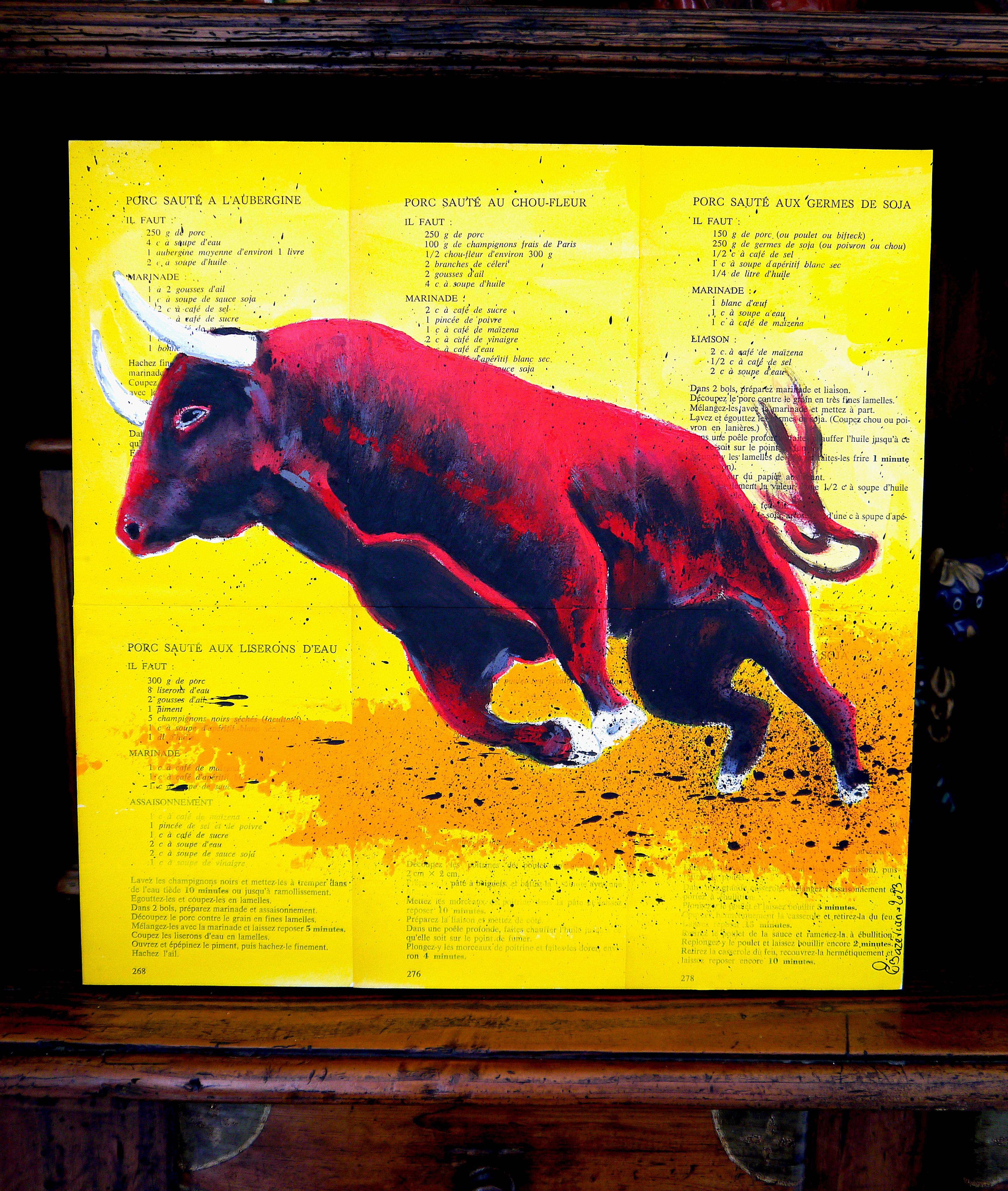 École française - Bulle rouge animal - Peinture à l'huile post-impressionniste du 21e siècle en vente 3