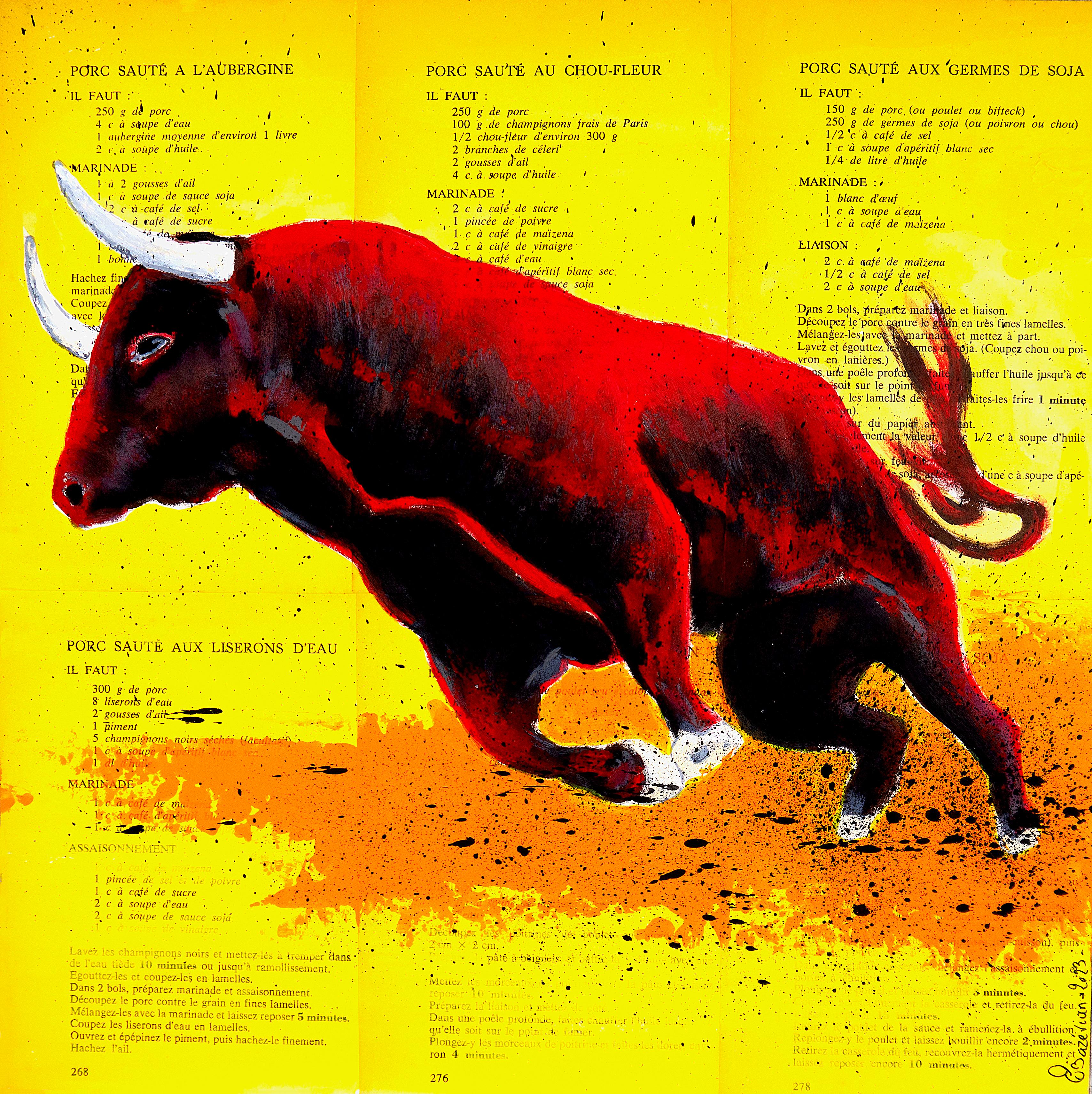 École française - Bull Toro rouge animal - Peinture à l'huile post-impressionniste