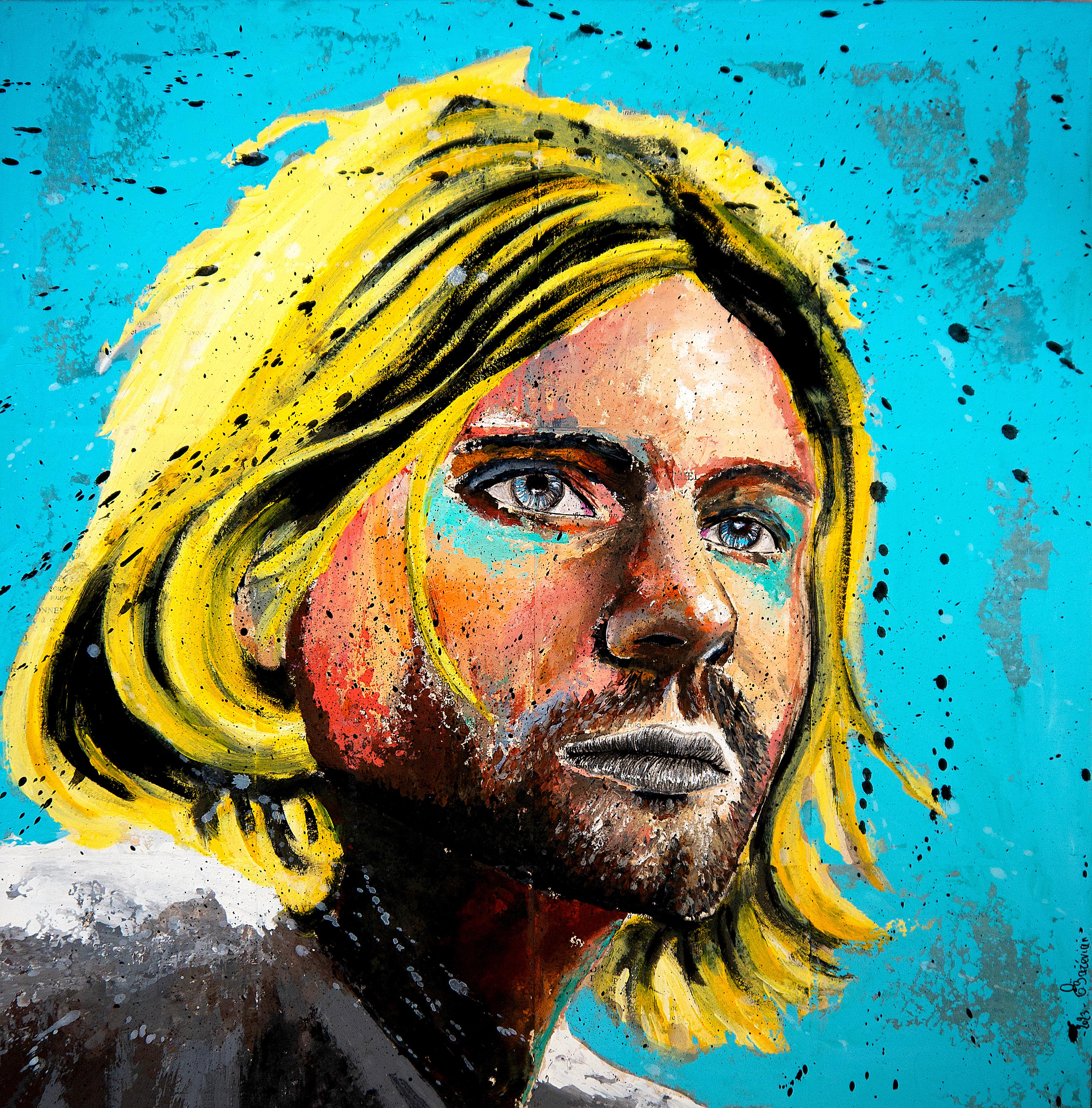École française - Portrait bleu Kurt Cobain 2023 - (grand) post-impressionniste