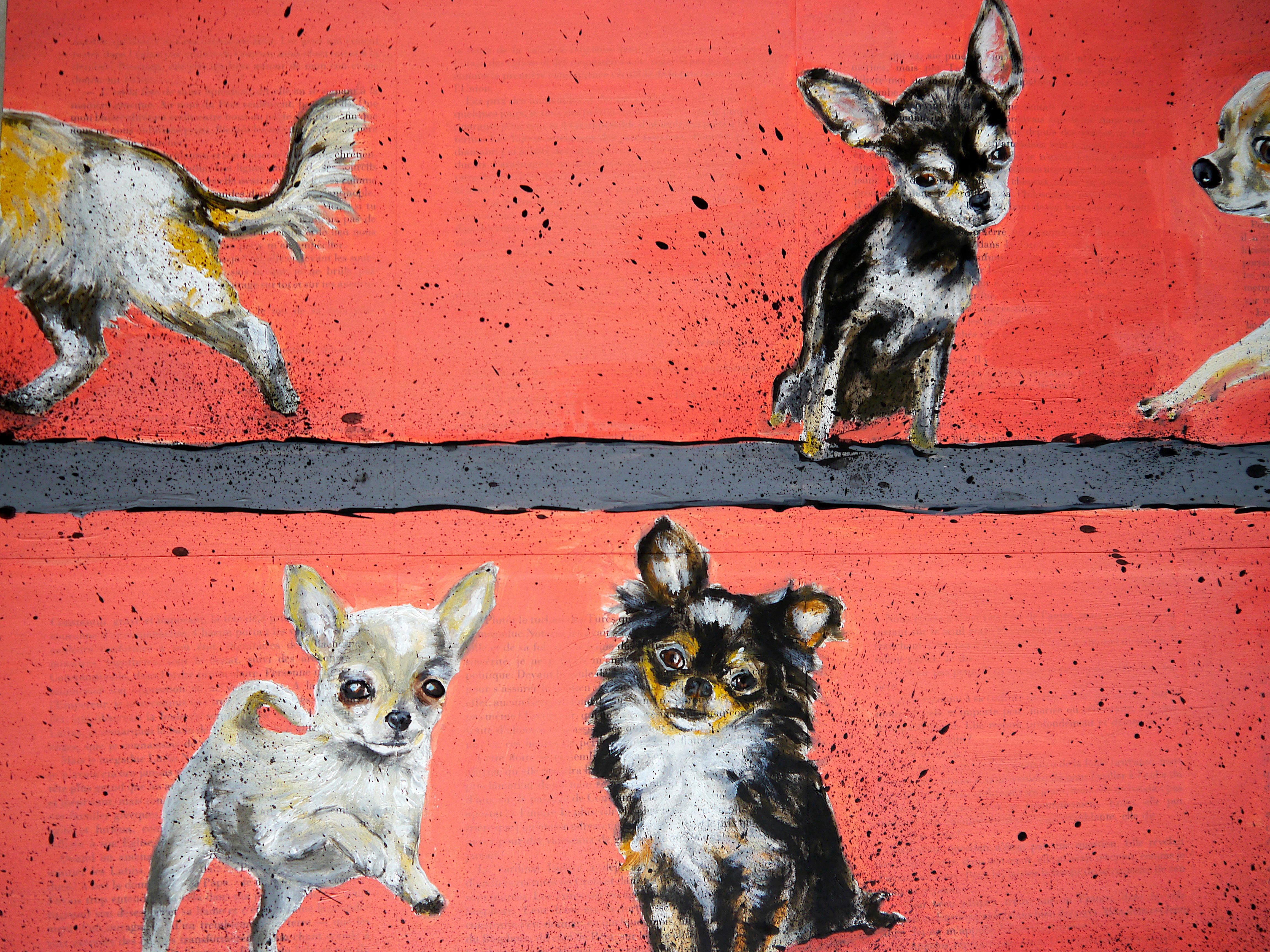 Chihuahua Gang walking  NSWE

Serie of Chihuahua dog walking
Technique: oil, acrylic, and ink on old book pages on wooden frame 55x55cm ■■ 21,6x21,6 inch

Sustainability: Wooden frame is made by the artist by recycling  old books. In an ecological