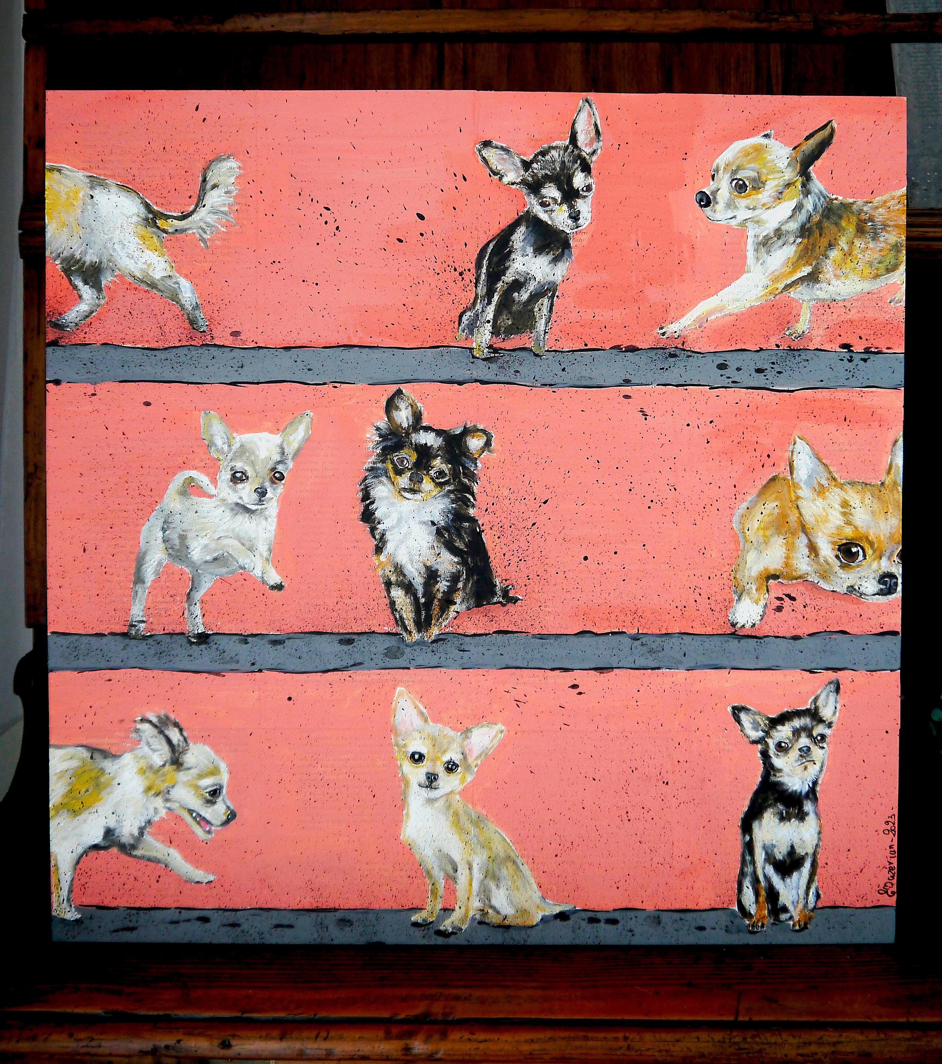 Chihuahua Gang Walking  (Large) French School oil Post Impressionist For Sale 5