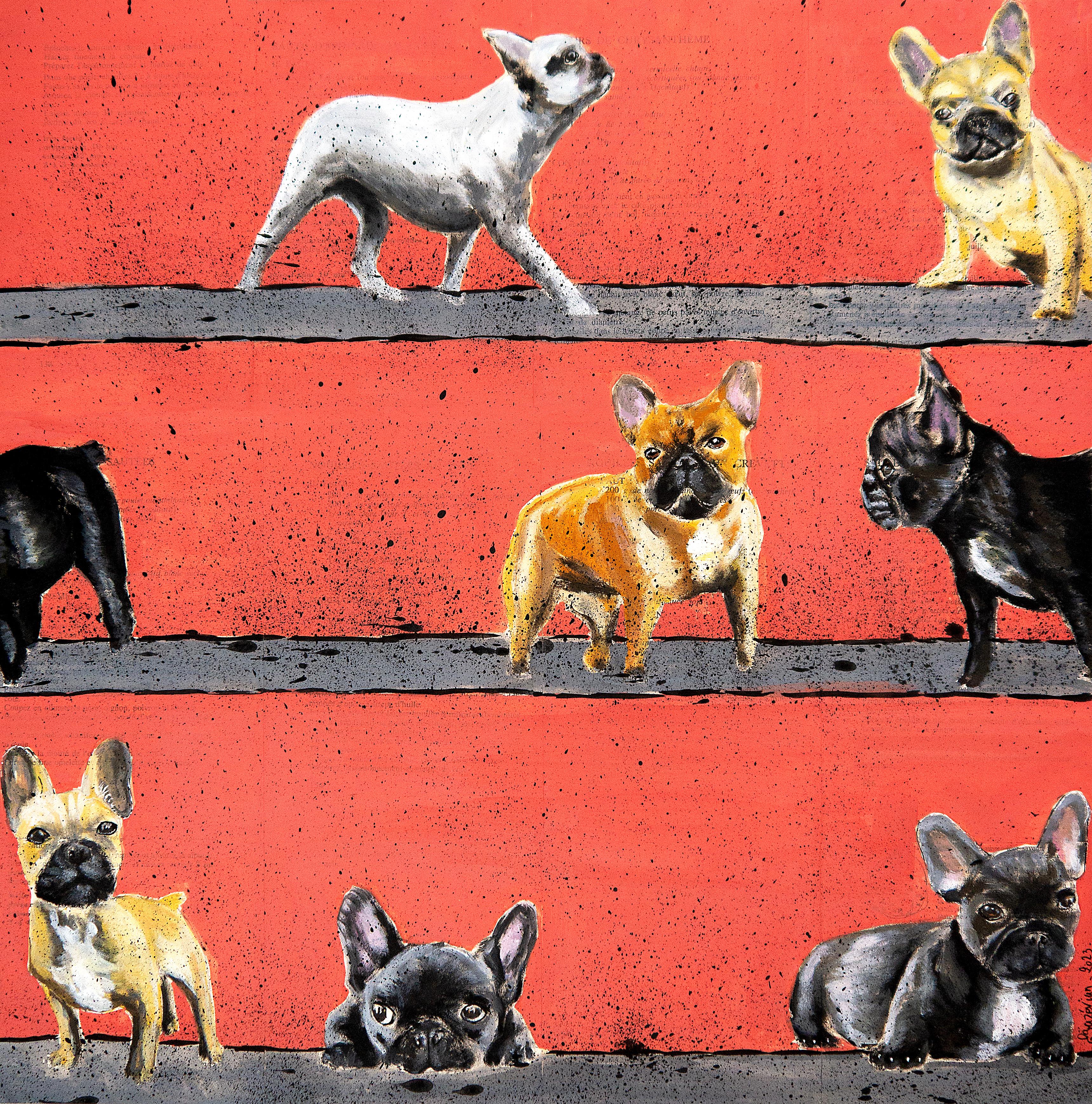 Bazevian DelaCapuciniere Figurative Painting - French School - French Bulldog Walk (Large) NSWE Post Impressionist