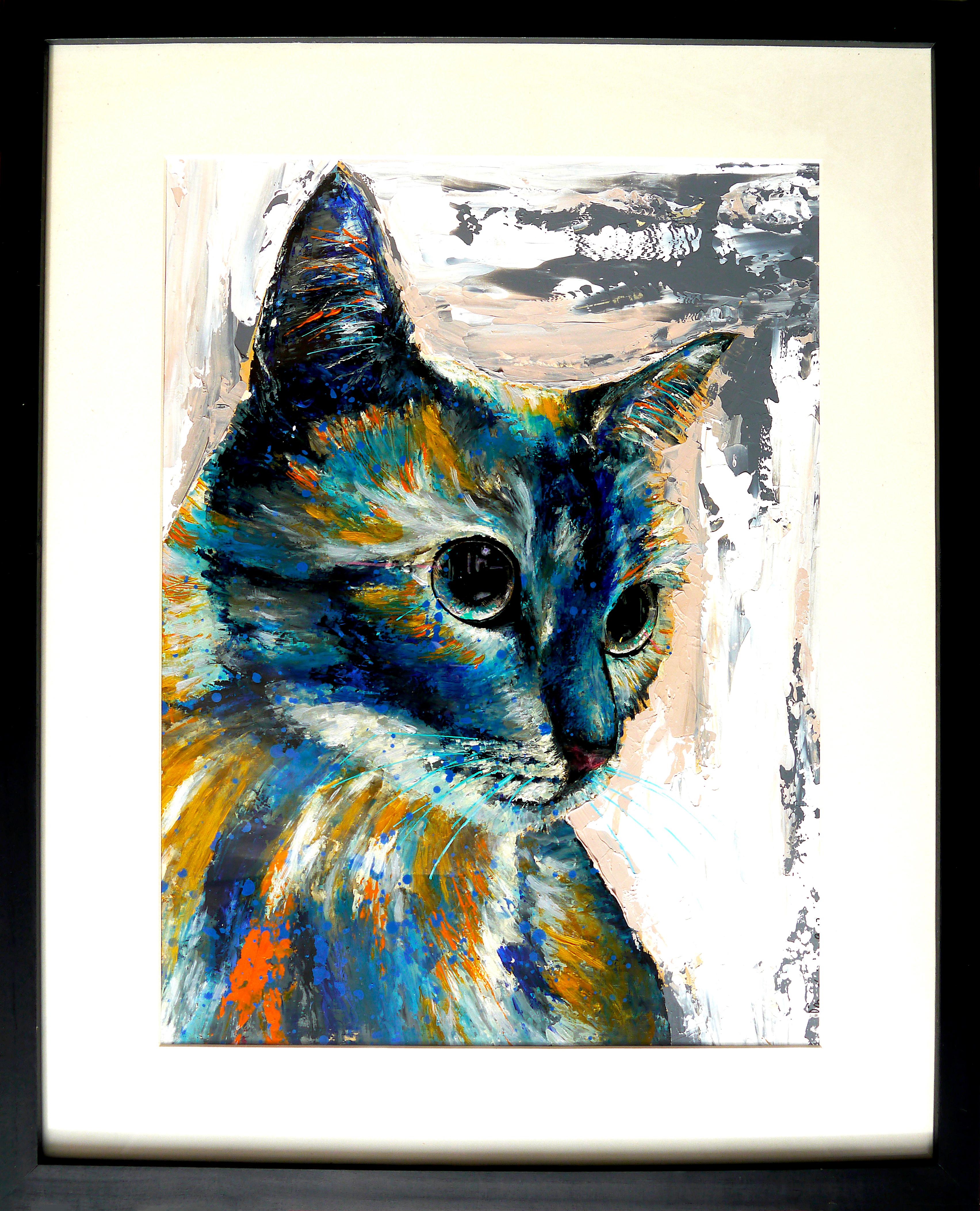 French School - Blue Cat  with Black Frame - Expressionist Pop - Painting by Bazevian DelaCapuciniere