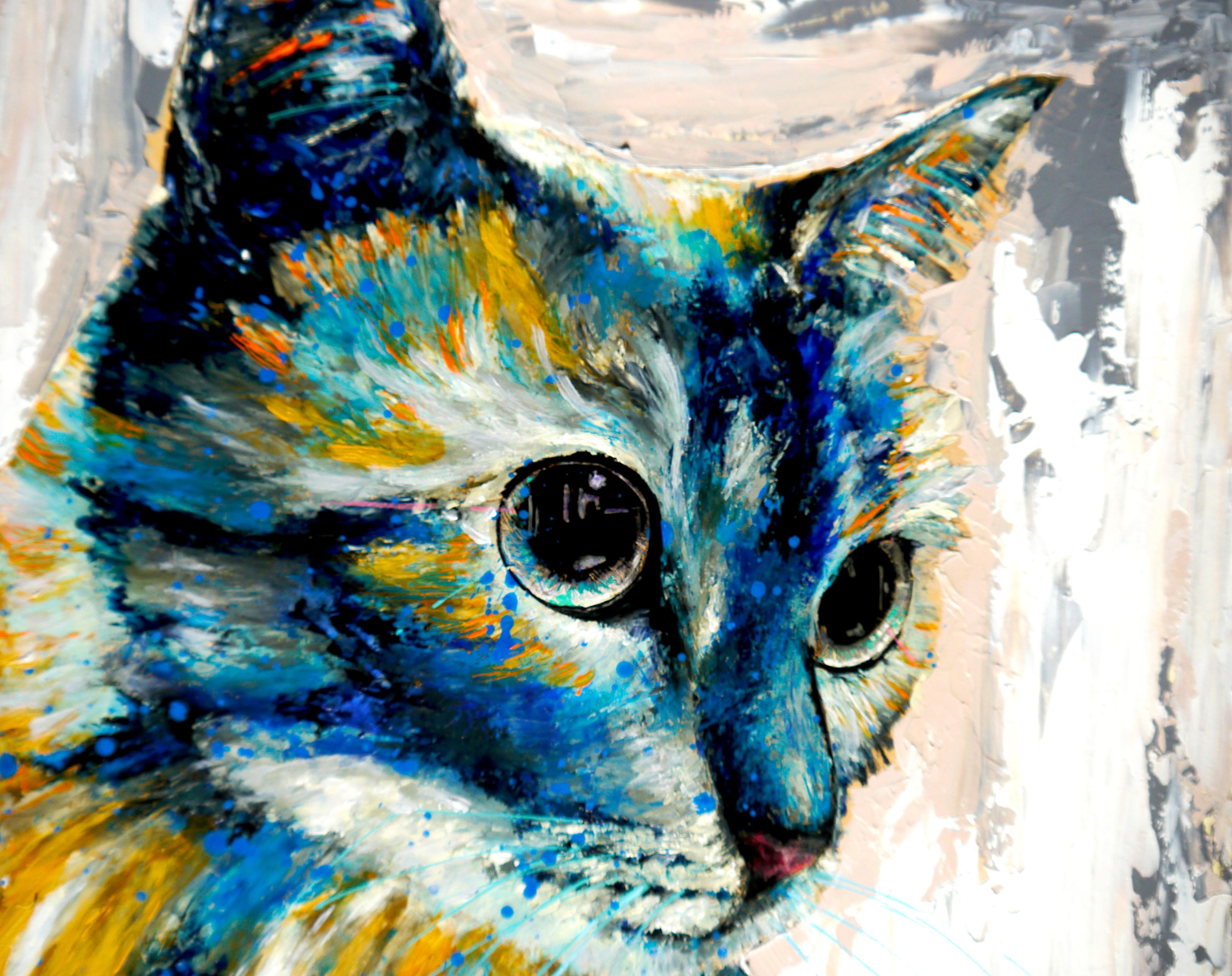 French School - Blue Cat  with Black Frame - Expressionist Pop - Impressionist Painting by Bazevian DelaCapuciniere