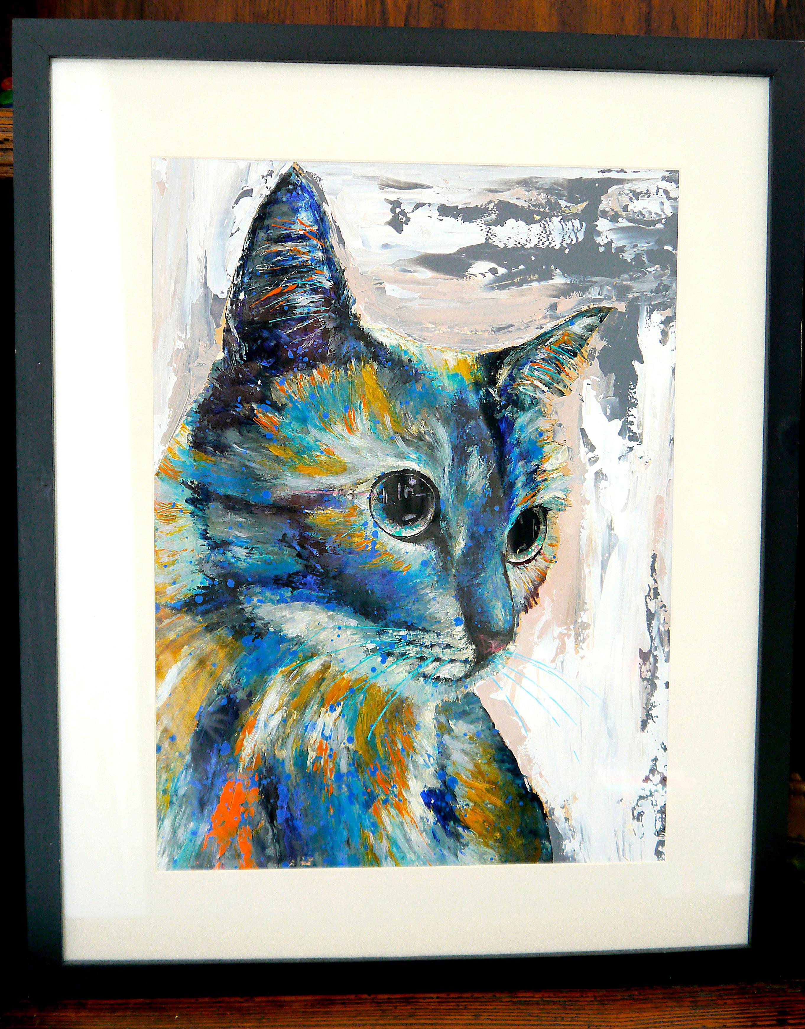 Animal portrait painting - Blue Cat

Such as Fauvism or German Expressionist, the cat has strident colors.  (cf Franz Marc _ Blue horse). Moreover, complementary colors orange contrasts with blue. Side by side, it brings brillance, or