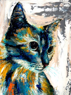 French School - Blue Cat  with Black Frame - Expressionist Pop