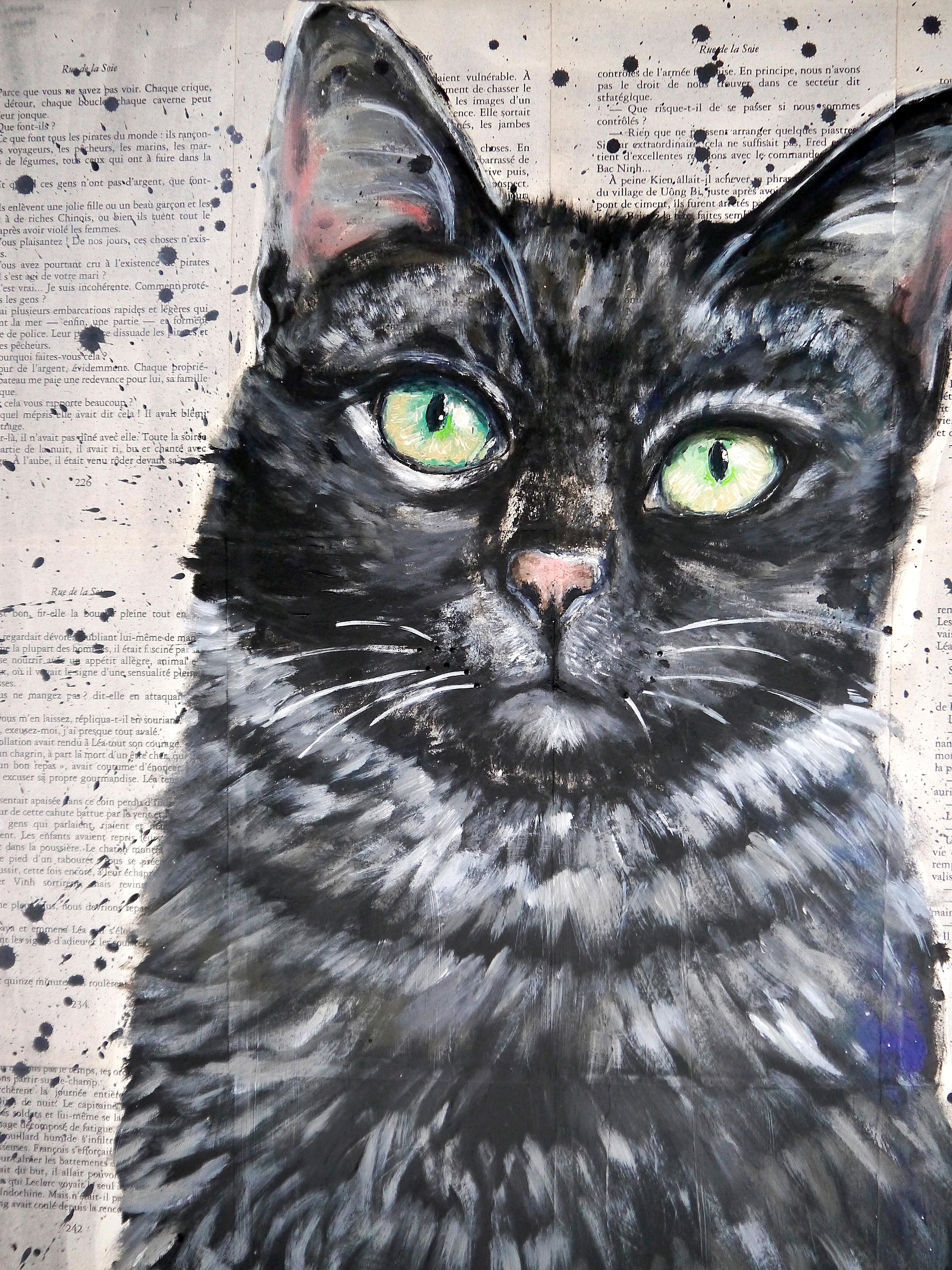 Französische Schule – Nahaufnahme CAT – Le chat soulage (Groß) Öl-Postimpressionist im Angebot 1