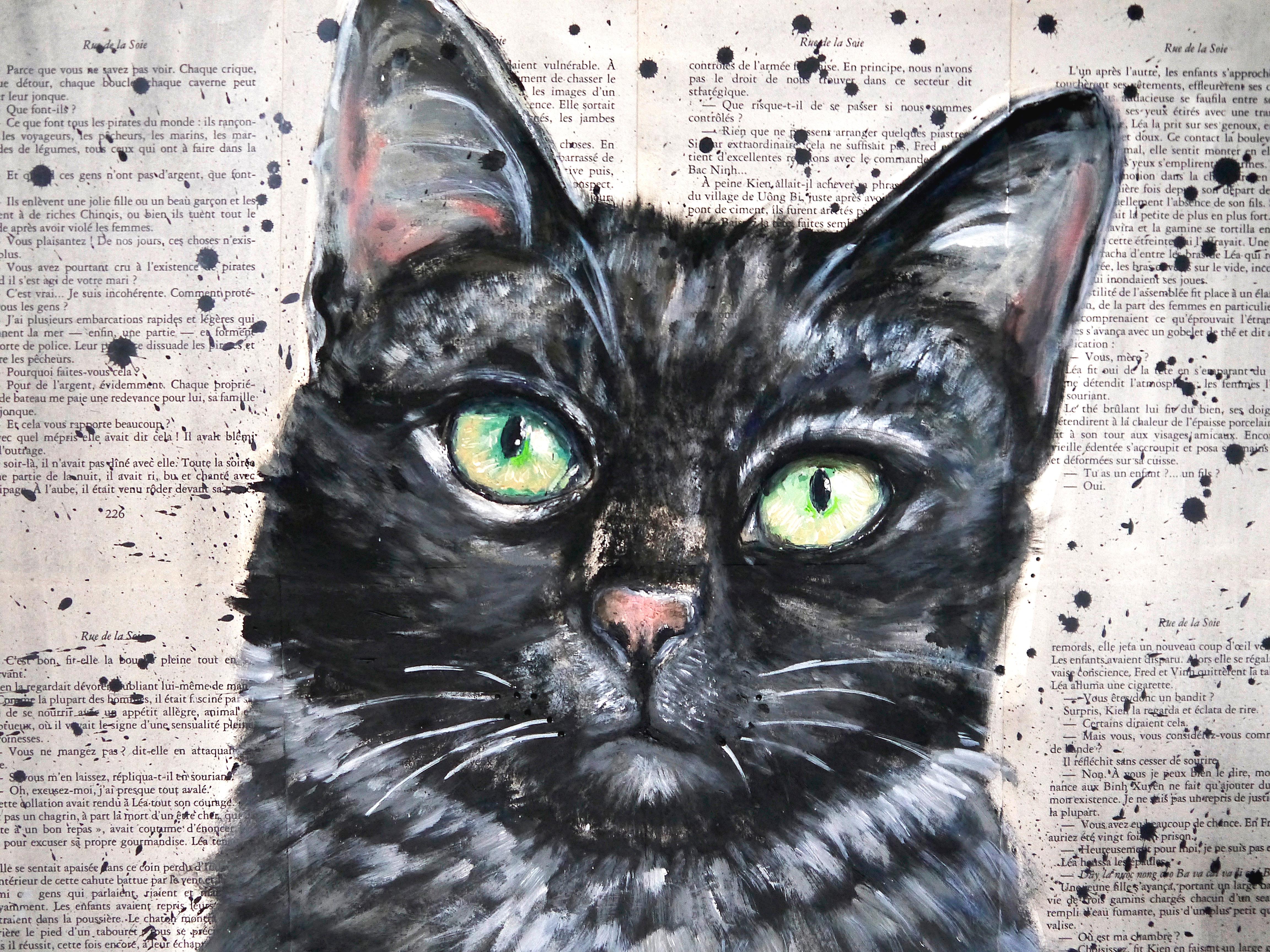 Le chat soulage la nuit de son insatiable manteau gris

Closeup portrait of a grey cat. 
Technique: oil, acrylic, and ink on old book pages on wooden frame 55x55cm ■■ 21,6x21,6 inch

Sustainability: Wooden frame is made by the artist by recycling 