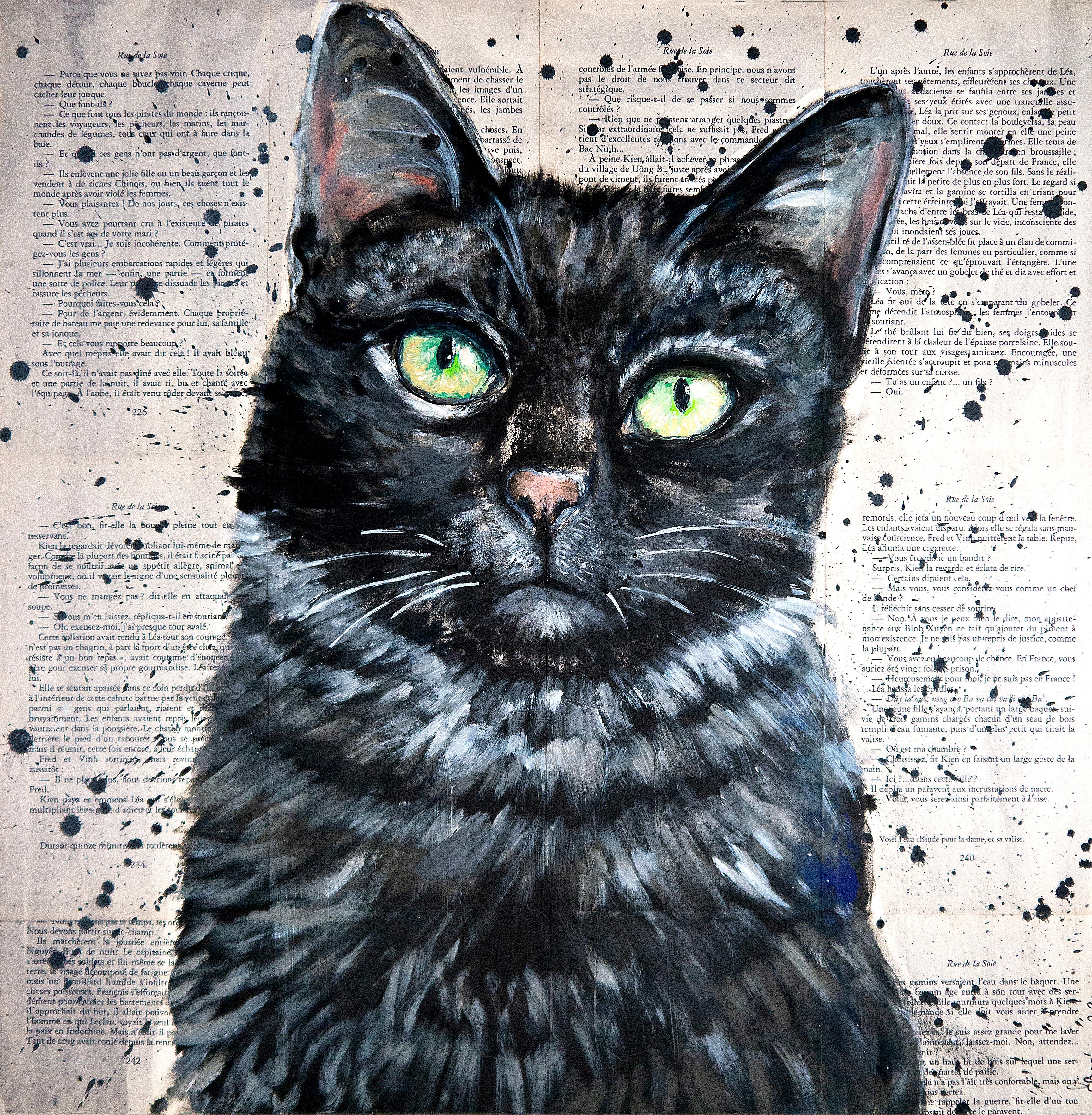 Bazevian DelaCapuciniere Animal Painting – Französische Schule – Nahaufnahme CAT – Le chat soulage (Groß) Öl-Postimpressionist
