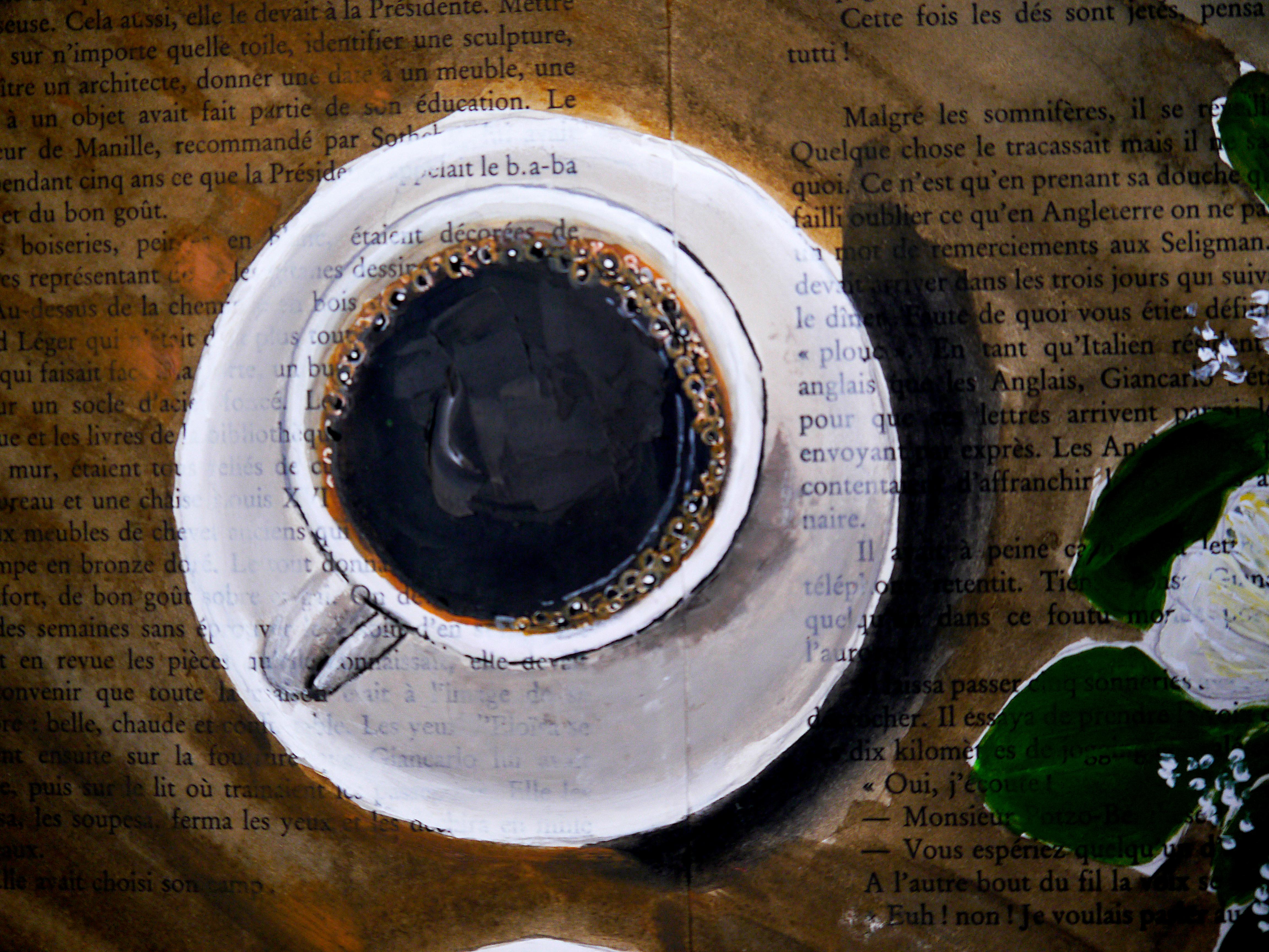 École française Café et fleurs Cuisine Chut les Barbizons - Noir Still-Life Painting par Bazevian DelaCapuciniere