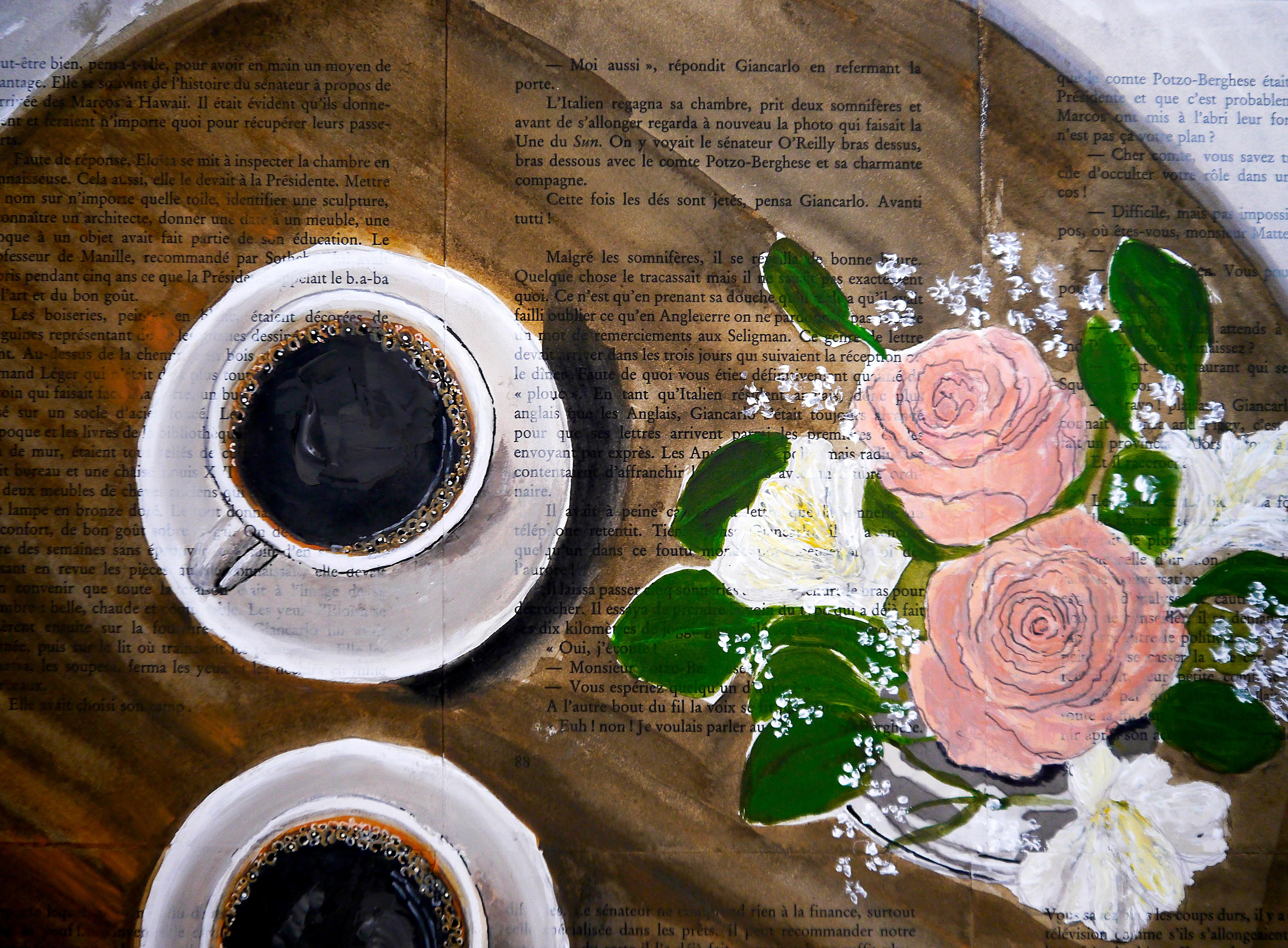 ➡️ Nature morte Café et flowers⬅️

⏩Technique : huile, acrylique, colle, encre sur pages de livres anciens sur cadre en bois 40x40cm ■■ 15,7 x15,7inch⏪

⭐Sustainability⭐ : Le cadre en bois est fabriqué par l'artiste en recyclant de vieux livres.
