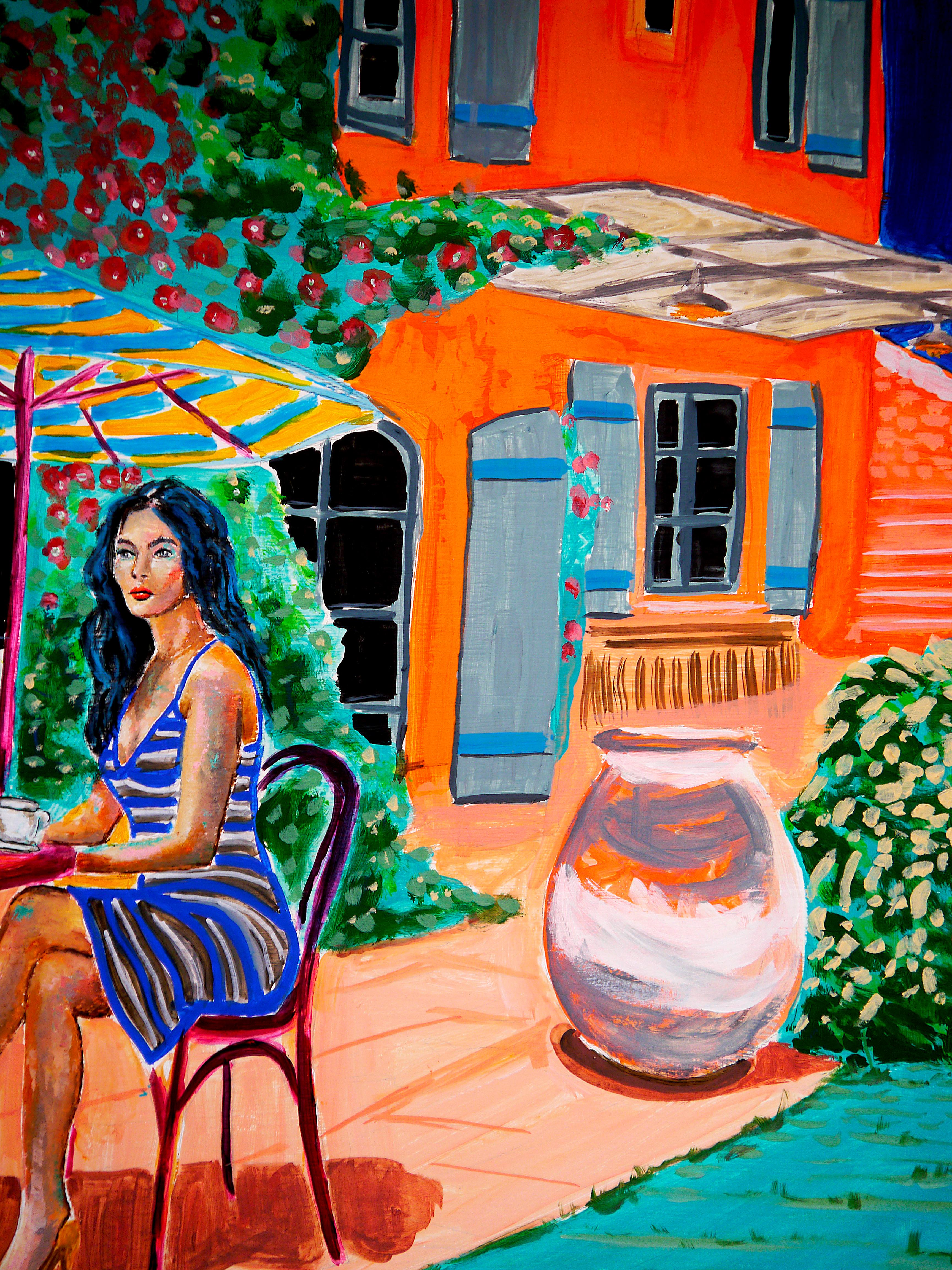 Französischer Schulkaffee in der Provence Un café en Provence - Chut les Barbizons! (Zeitgenössisch), Painting, von Bazevian DelaCapuciniere