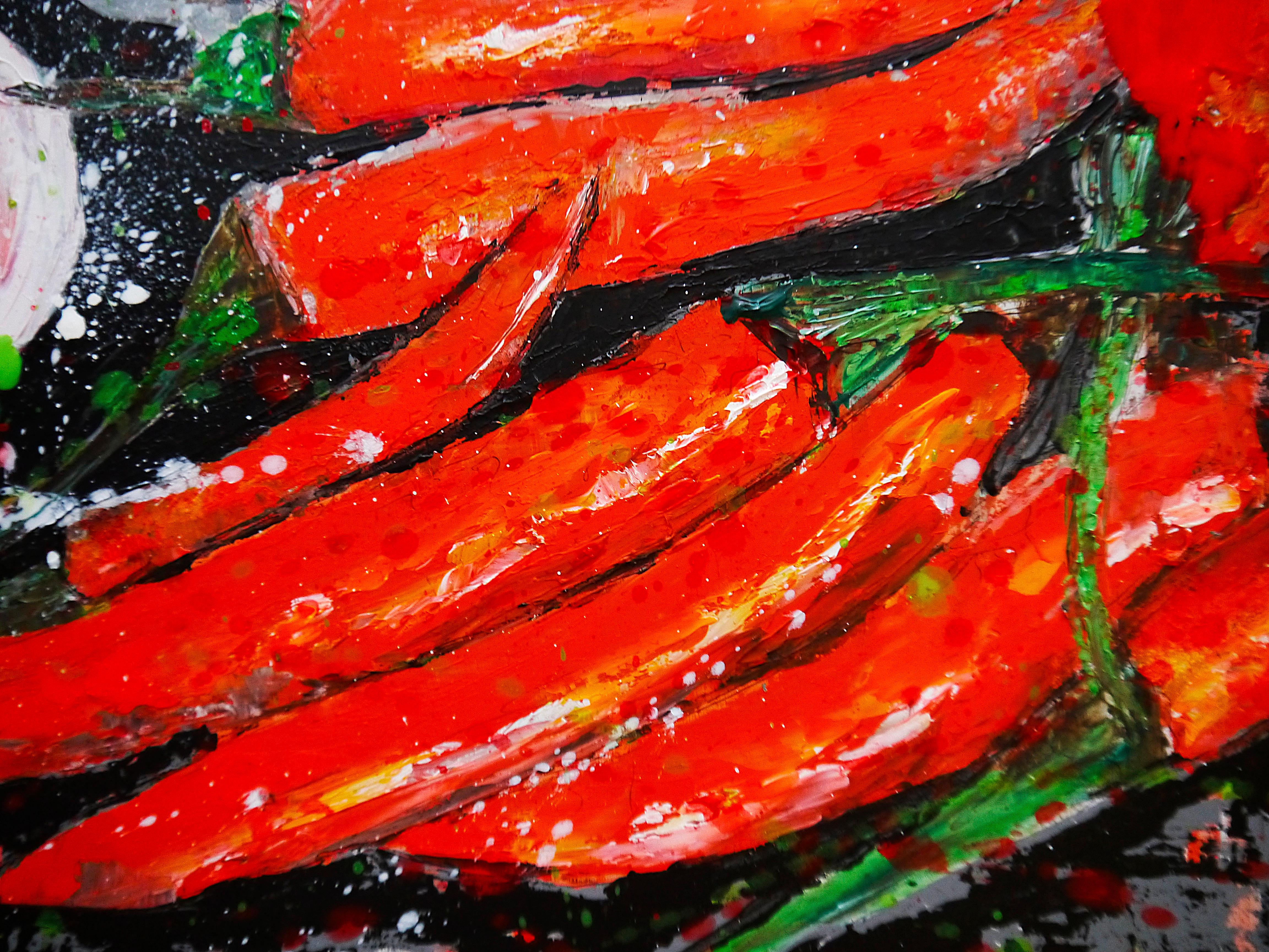 Aglio e peperoncino starwars ⭐

 La natura morta si concentra su due elementi principali: peperoncini rossi e aglio.
La composizione è dinamica, con i peperoni raggruppati in basso a destra e i bulbi d'aglio disposti in alto a sinistra, creando un