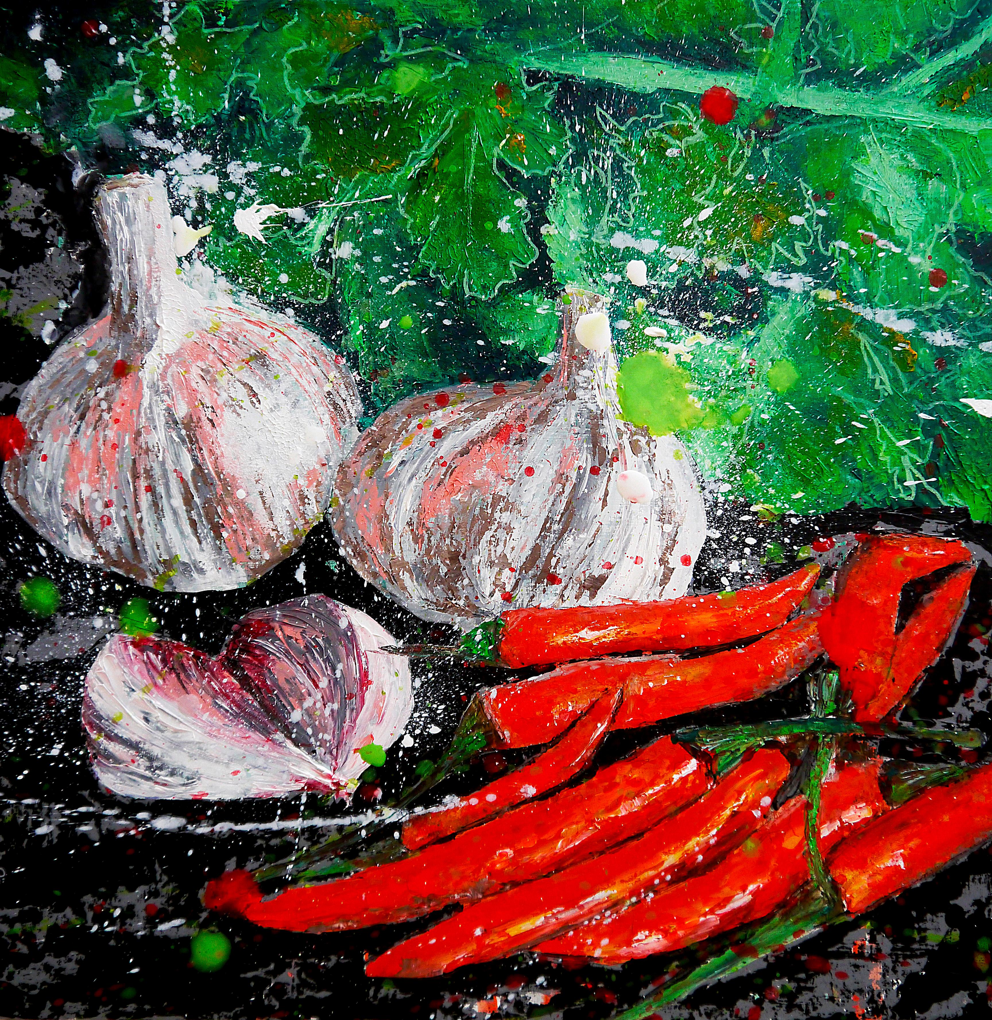 Bazevian DelaCapuciniere Still-Life Painting - French School  Garlic&Chili pepper Starwars Impressionist FAST DELIVERY