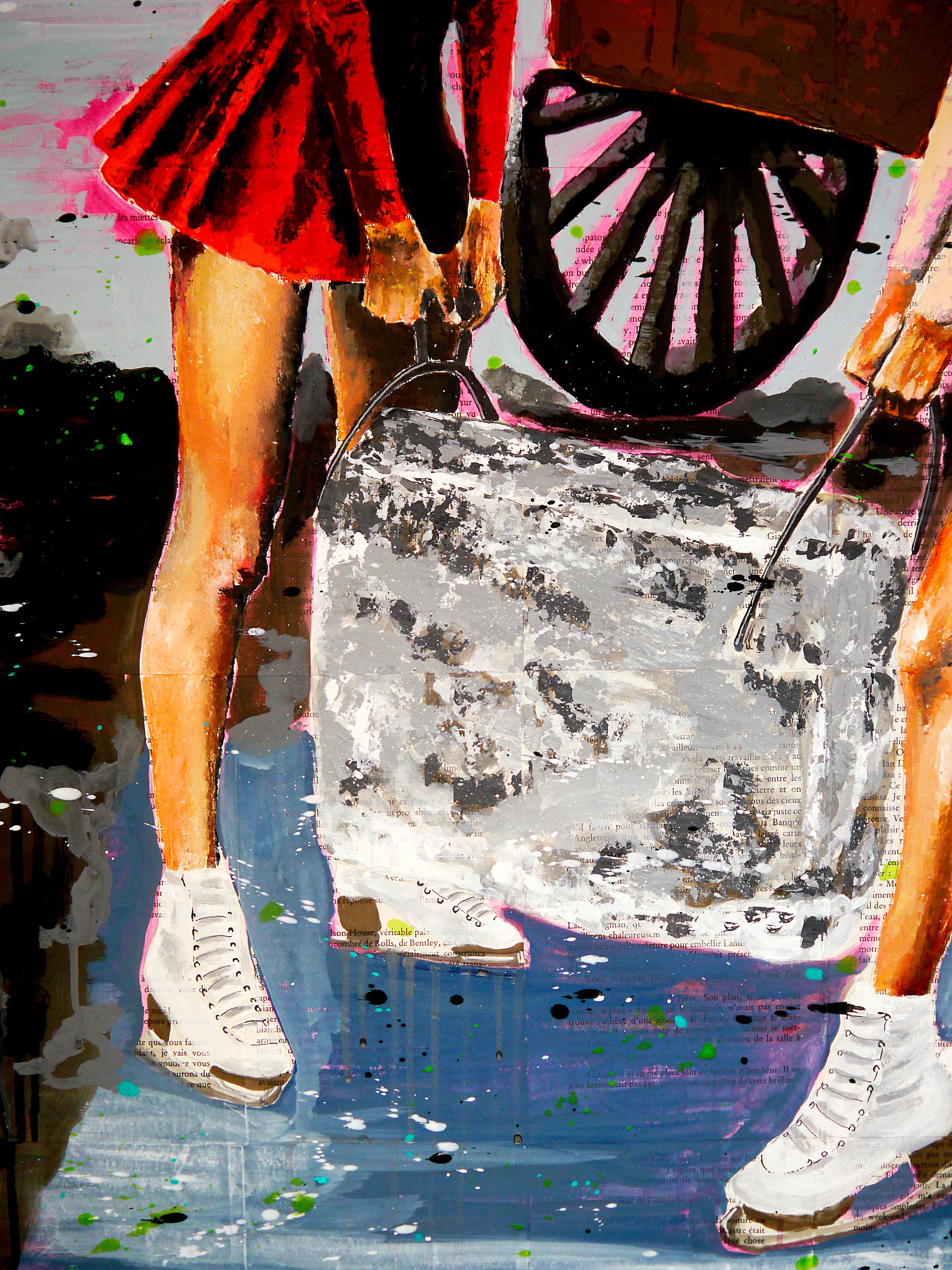 ➡️ Ice Ice Baby⬅️

Theatricality and surreal presence. Two nearly identical young women, clad in short dresses and ice skates, dominate the foreground. They are positioned against the stark, almost symbolic backdrop of a rustic wagon wheel, with the
