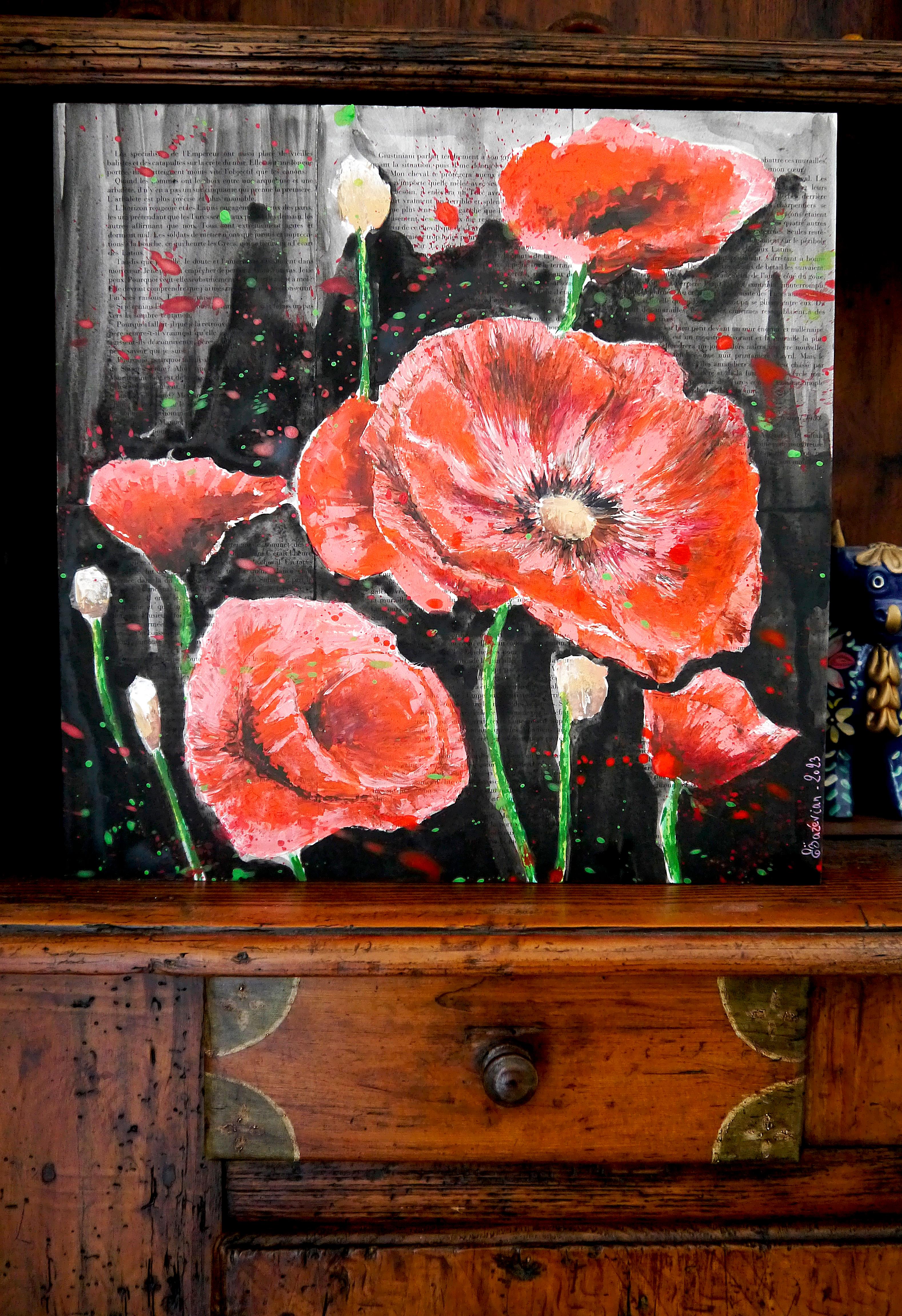 French School - Poppy Starwars oil Painting - Flower For Sale 4