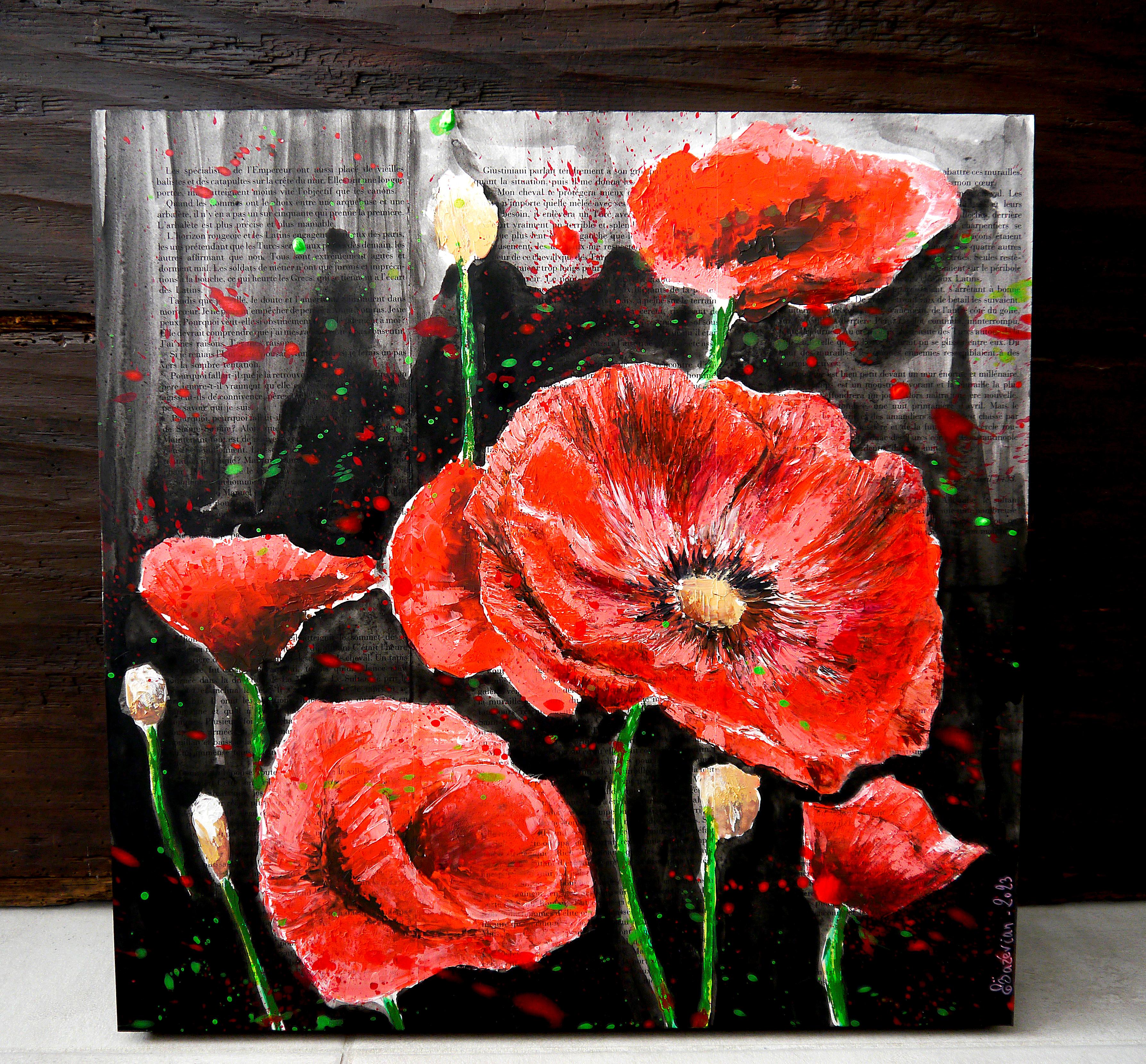 Poppy Starwars

Structural analysis:
_ Feeling of the wind in the flowers_   Abstract drippings bring movement to the still life painting. There are 2 systems of contrasts. First one, a classic contrast between dark and light colors. Second one, is