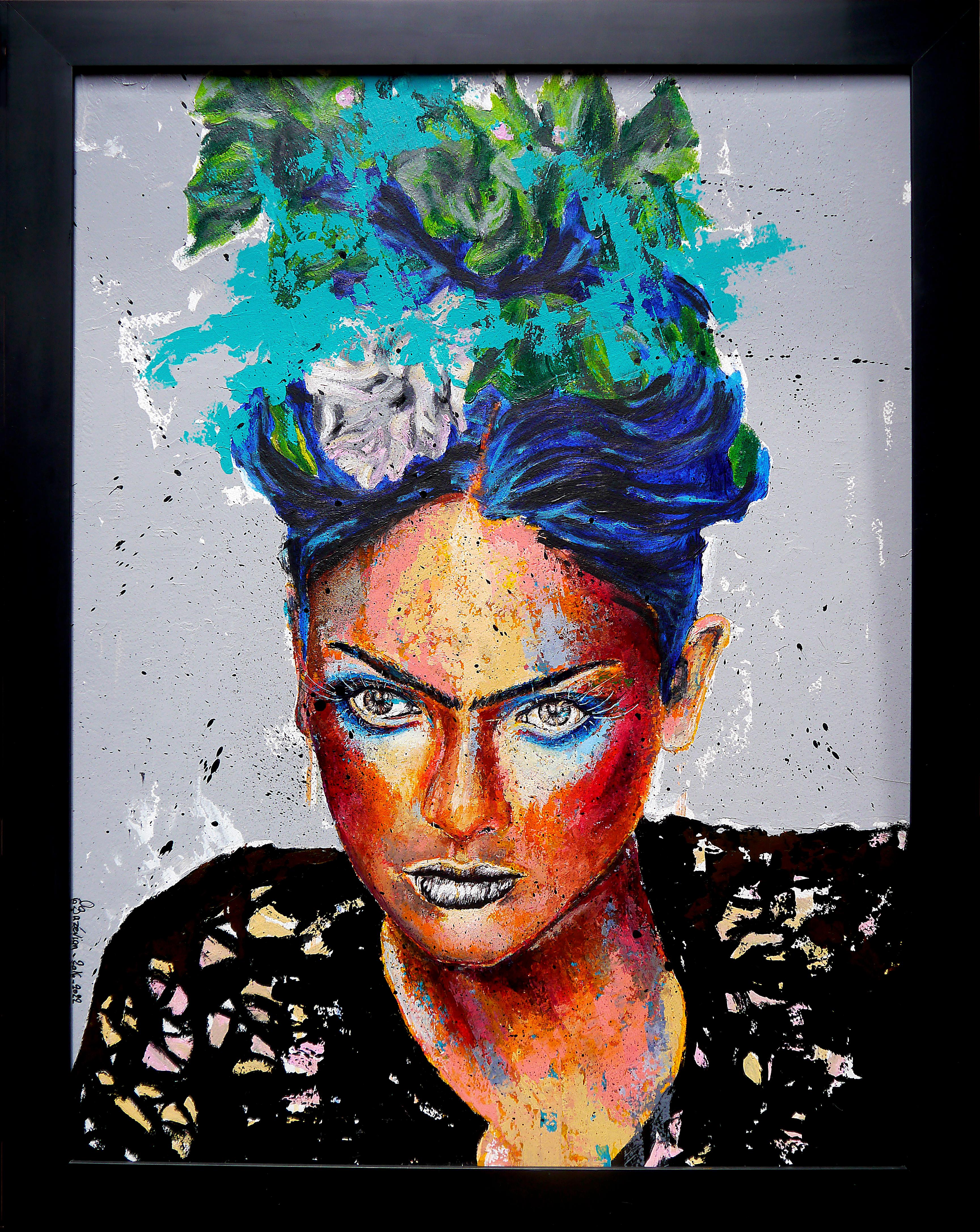 École française - Portrait 22 PS 19 Frida on Fire (Large) Huile Impressionniste - Painting de Bazevian DelaCapuciniere