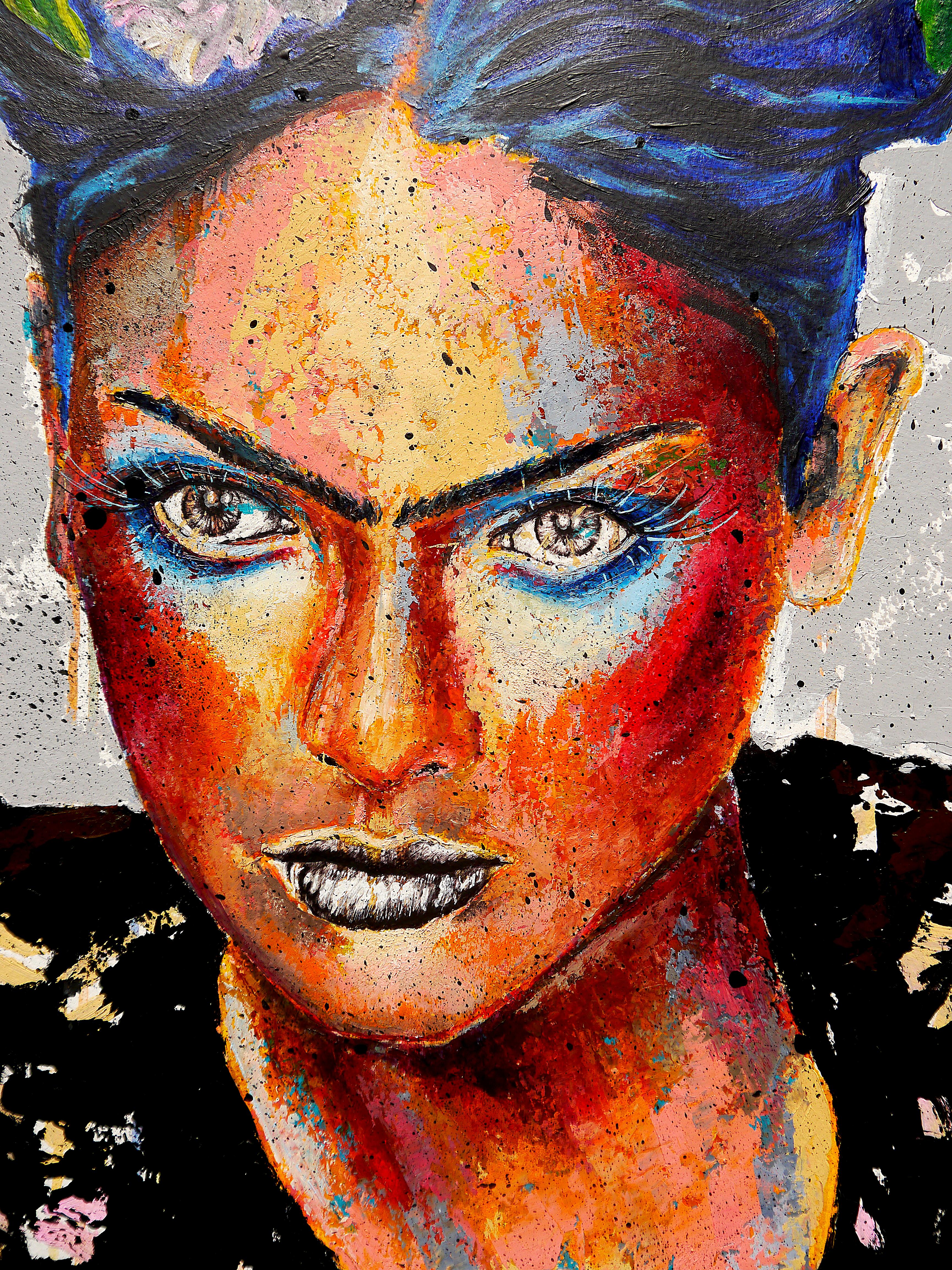 École française - Portrait 22 PS 19 Frida on Fire (Large) Huile Impressionniste - Gris Figurative Painting par Bazevian DelaCapuciniere