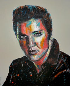 École française - Portrait noir d'Elvis - Grand format - Peinture à l'huile post-impressionniste
