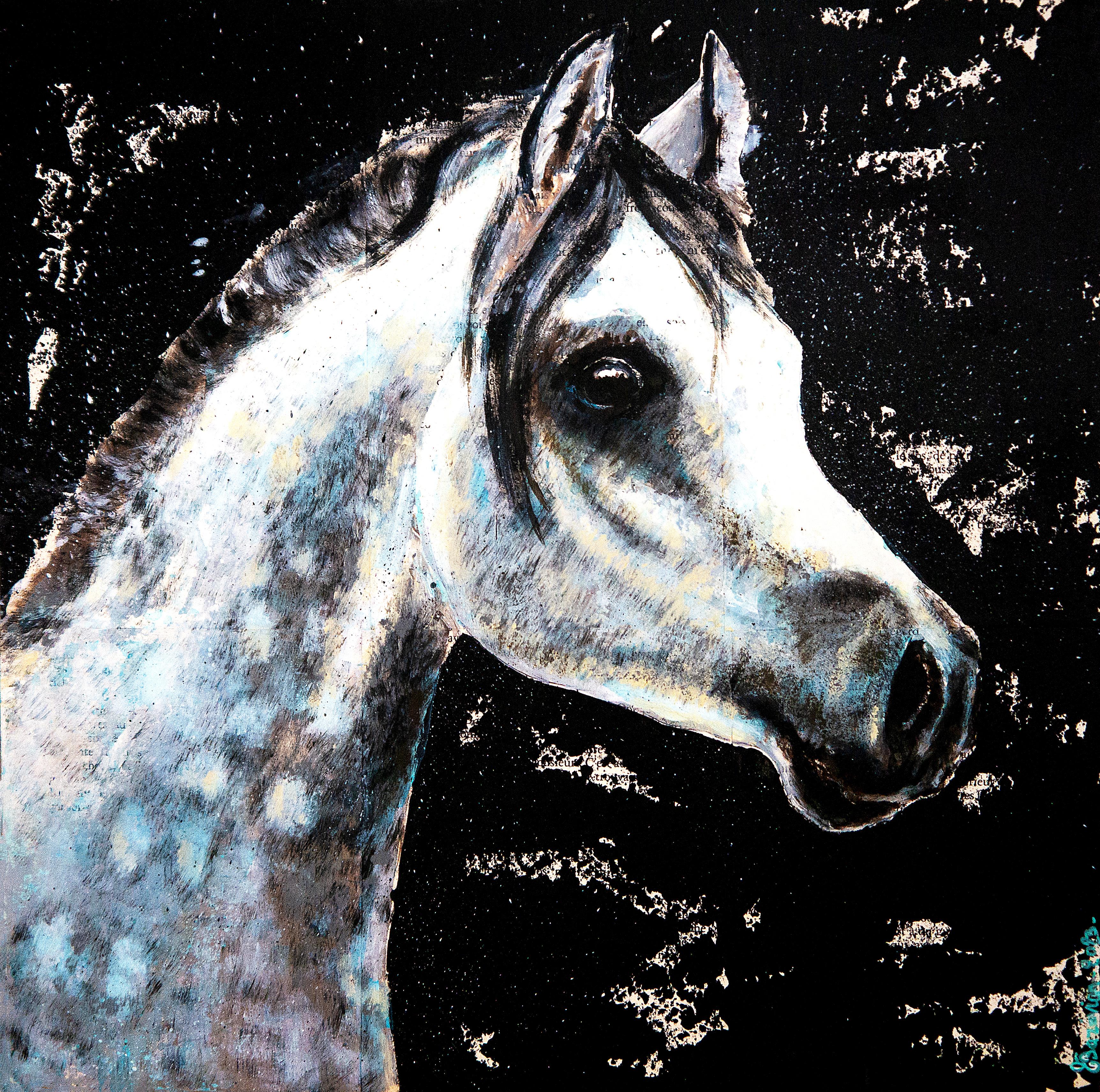Ritratto di scuola francese Cavallo blu e bianco Impressionista del XIII secolo  AUC originale