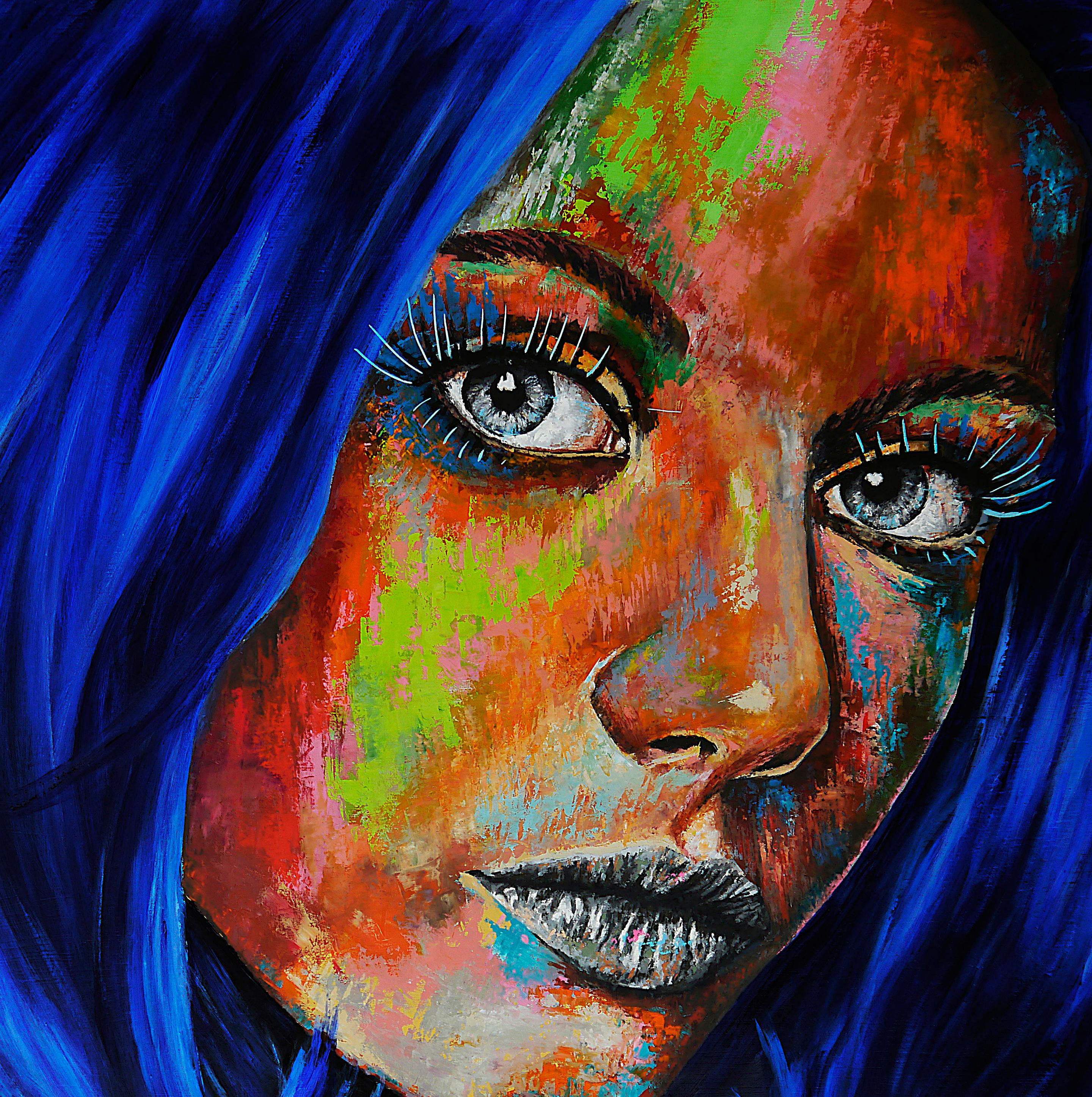 Pachamama Glósóli 05

Portrait en gros plan d'une femme aux cheveux bleus. Un regard vibrant et puissant.
Technique : huile, acrylique et encre sur grande toile 120x80cm ■■ 47,2 x 31,7 inch

Analyse structurelle :
Comme la peinture impressionniste, 