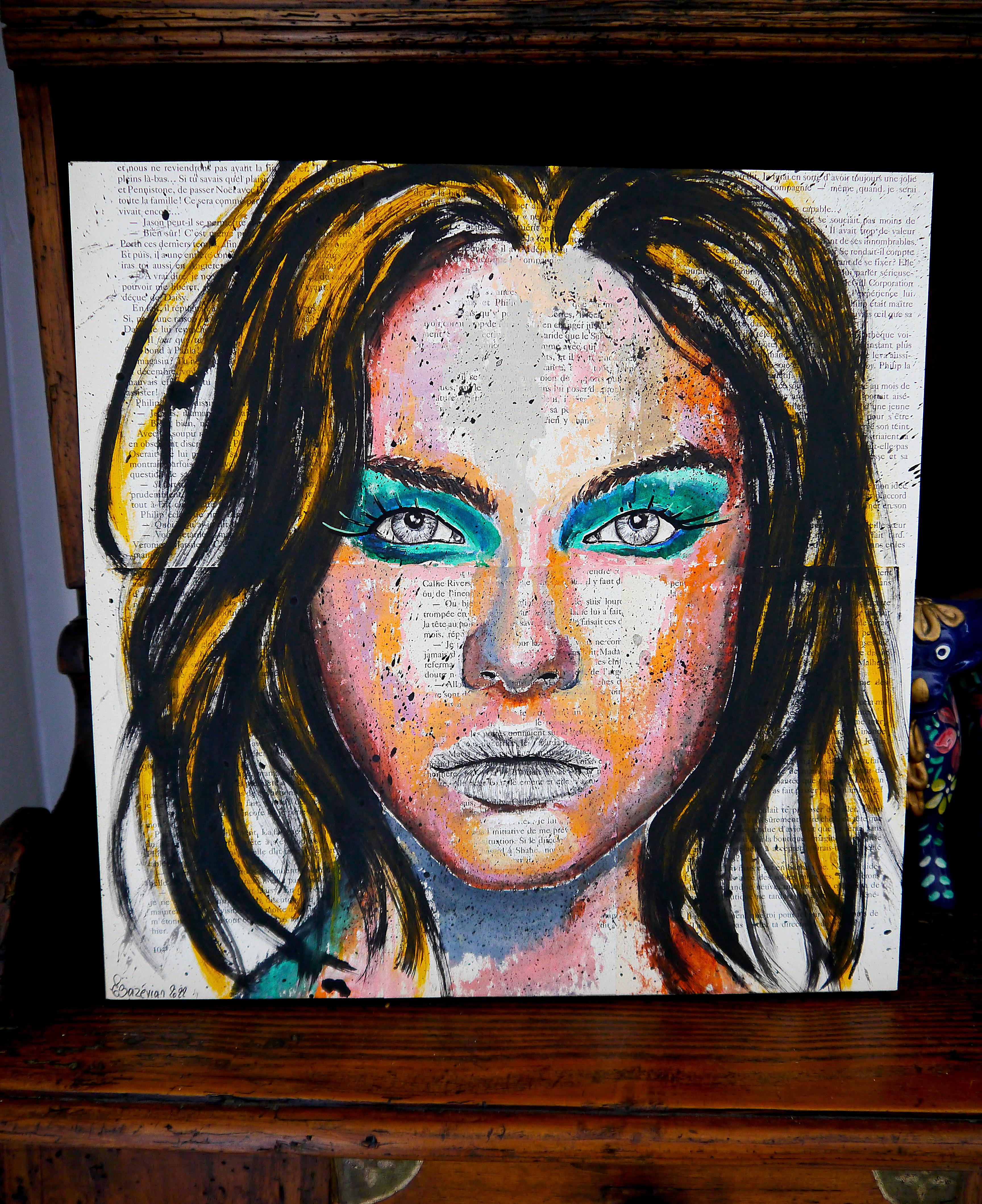 École française - Portrait PS 158 La Lionne à les yx verts Huile impressionniste AUC0 - Noir Portrait Painting par Bazevian DelaCapuciniere