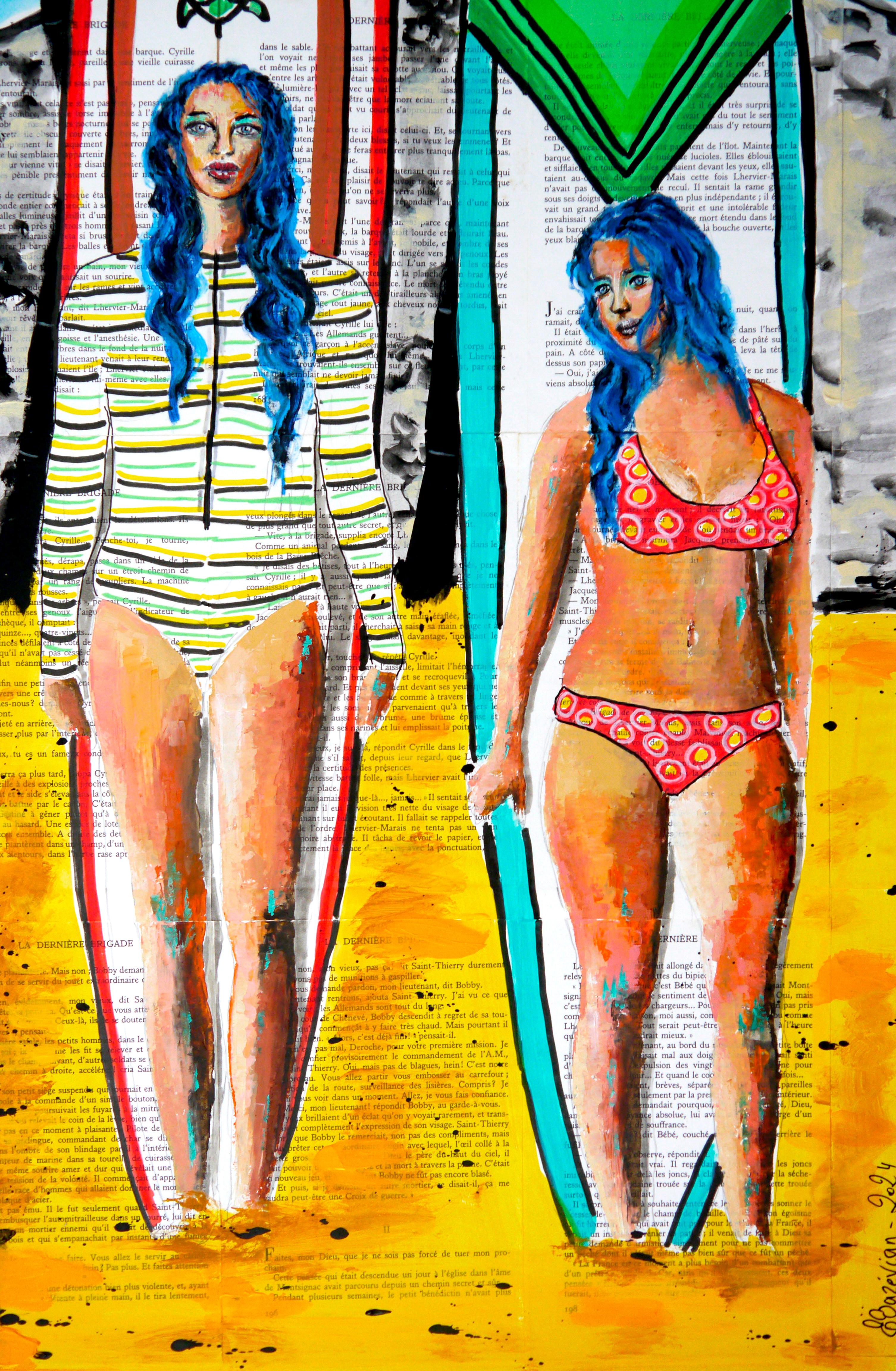 Scuola francese - Ritratto estivo La Baule 11 Ragazze da spiaggia XL Impressionista AUC - Figurative Painting Arancia di Bazevian DelaCapuciniere
