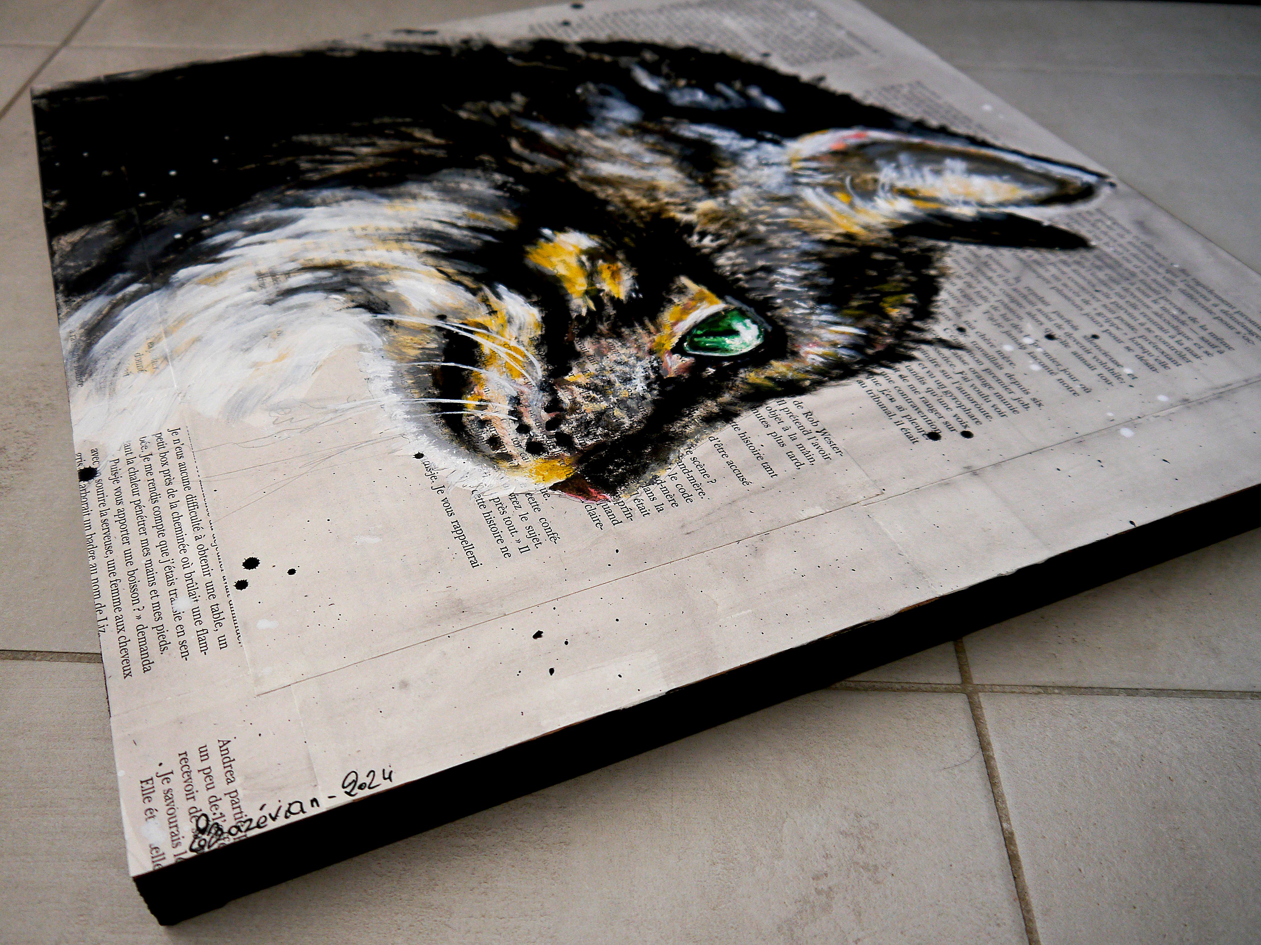 Ritratto di scuola francese CAT Fauve Fantasia Olio Impressionista del XIII secolo Firmato - Animal Painting Beige di Bazevian DelaCapuciniere