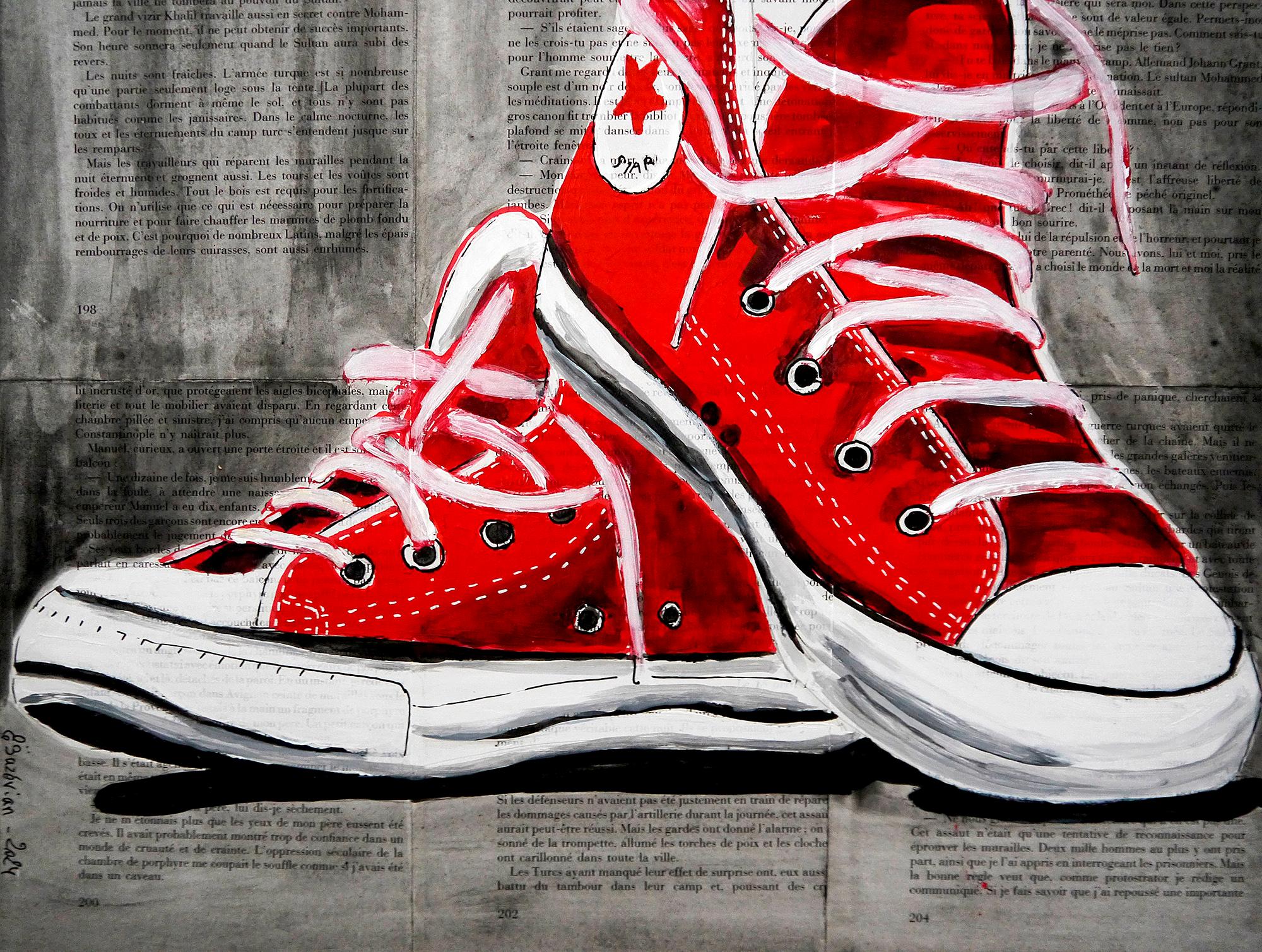 Französische Schule  - Rote Converse-Schuhe  Ölgemälde des 21. Impressionismus – Ölgemälde – Painting von Bazevian DelaCapuciniere